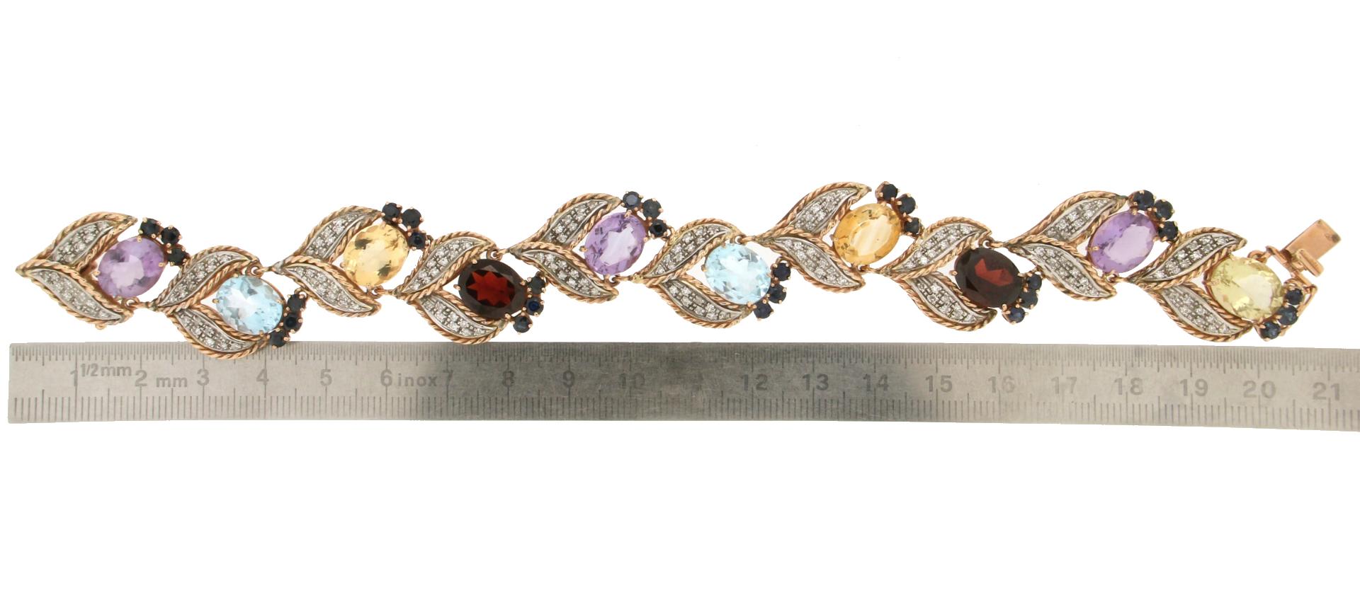 Women's or Men's Handcraft Diamonds 14 Karat Yellow and White Gold Sapphires Cuff Bracelet For Sale