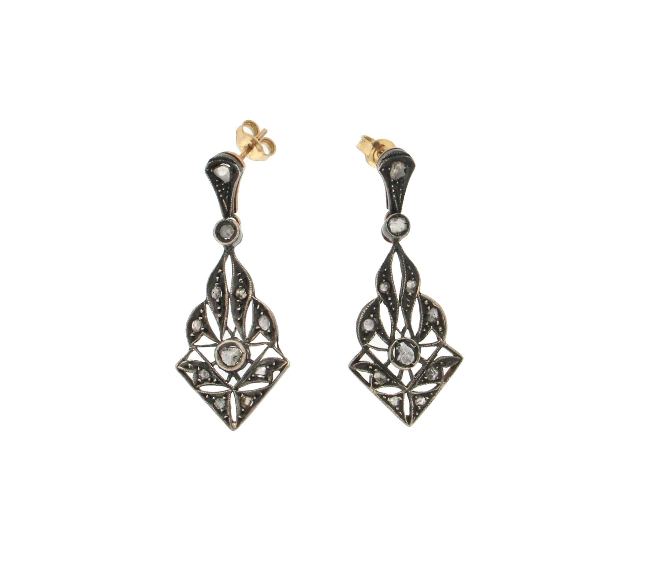 Artisan Handcraft Diamonds 14 Karat Yellow Gold Drop Earrings For Sale