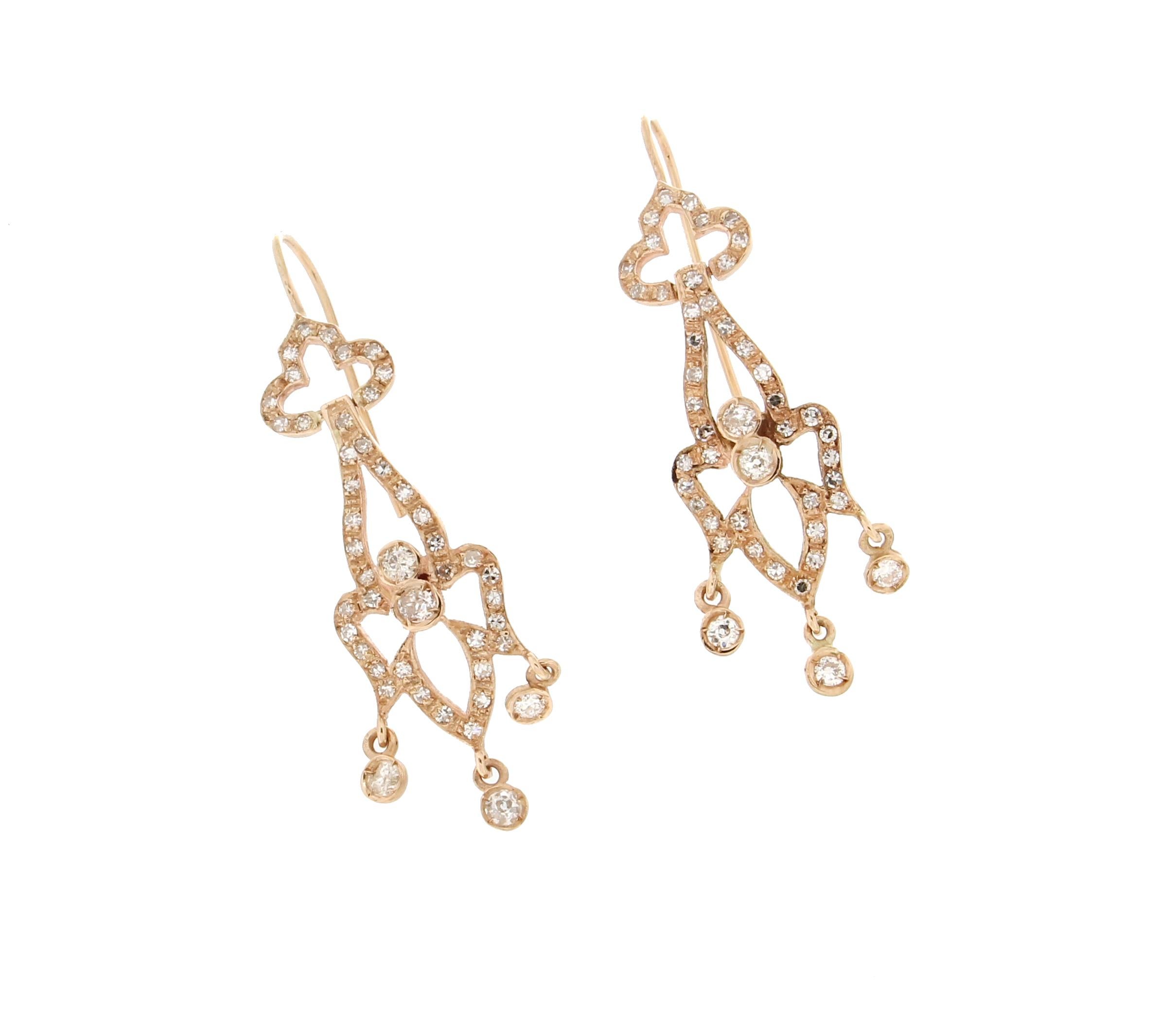 Artisan Handcraft Diamonds 14 Karat Yellow Gold Drop Earrings For Sale