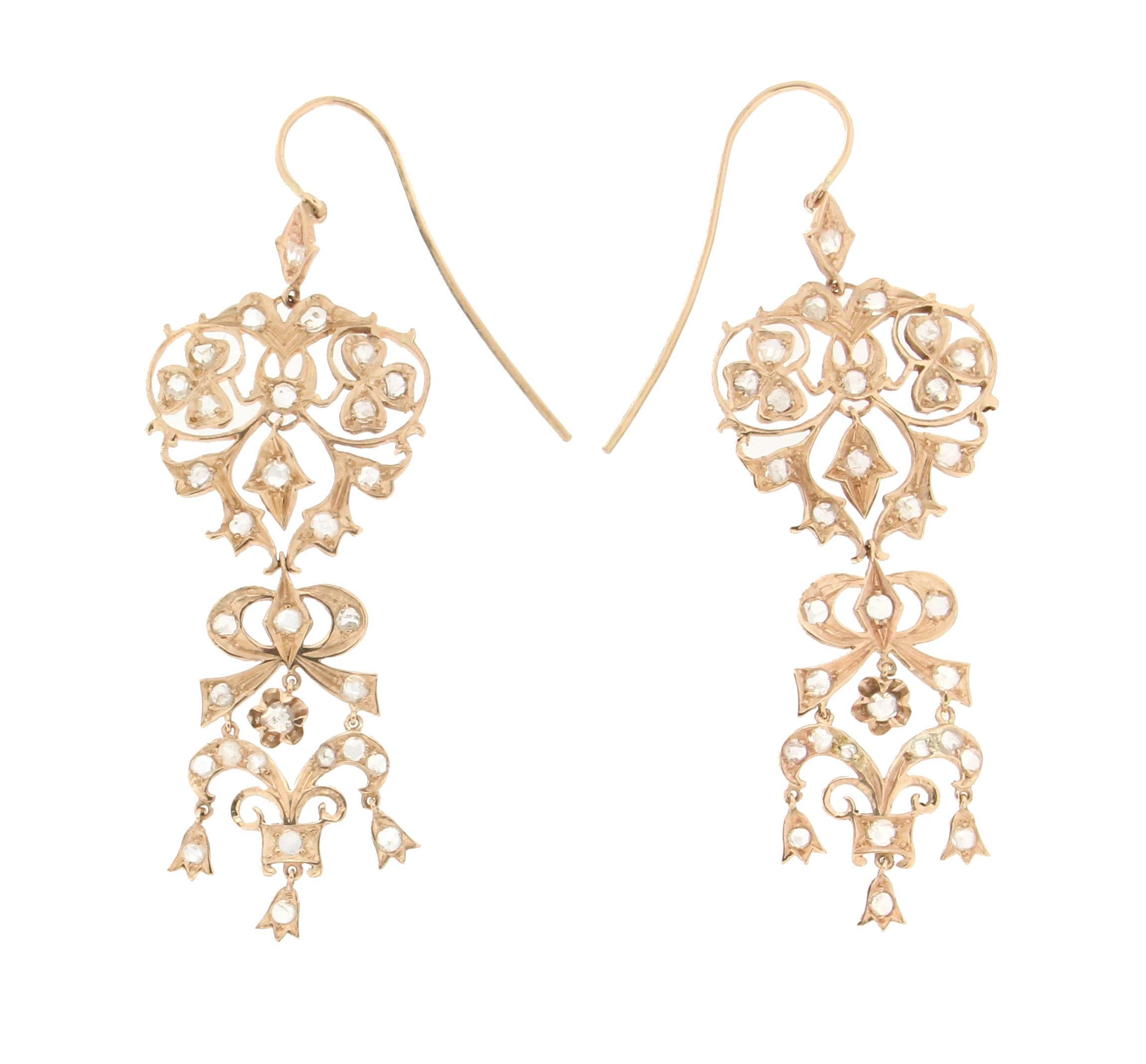 Artisan Handcraft Diamonds 14 Karat Yellow Gold Drop Earrings For Sale