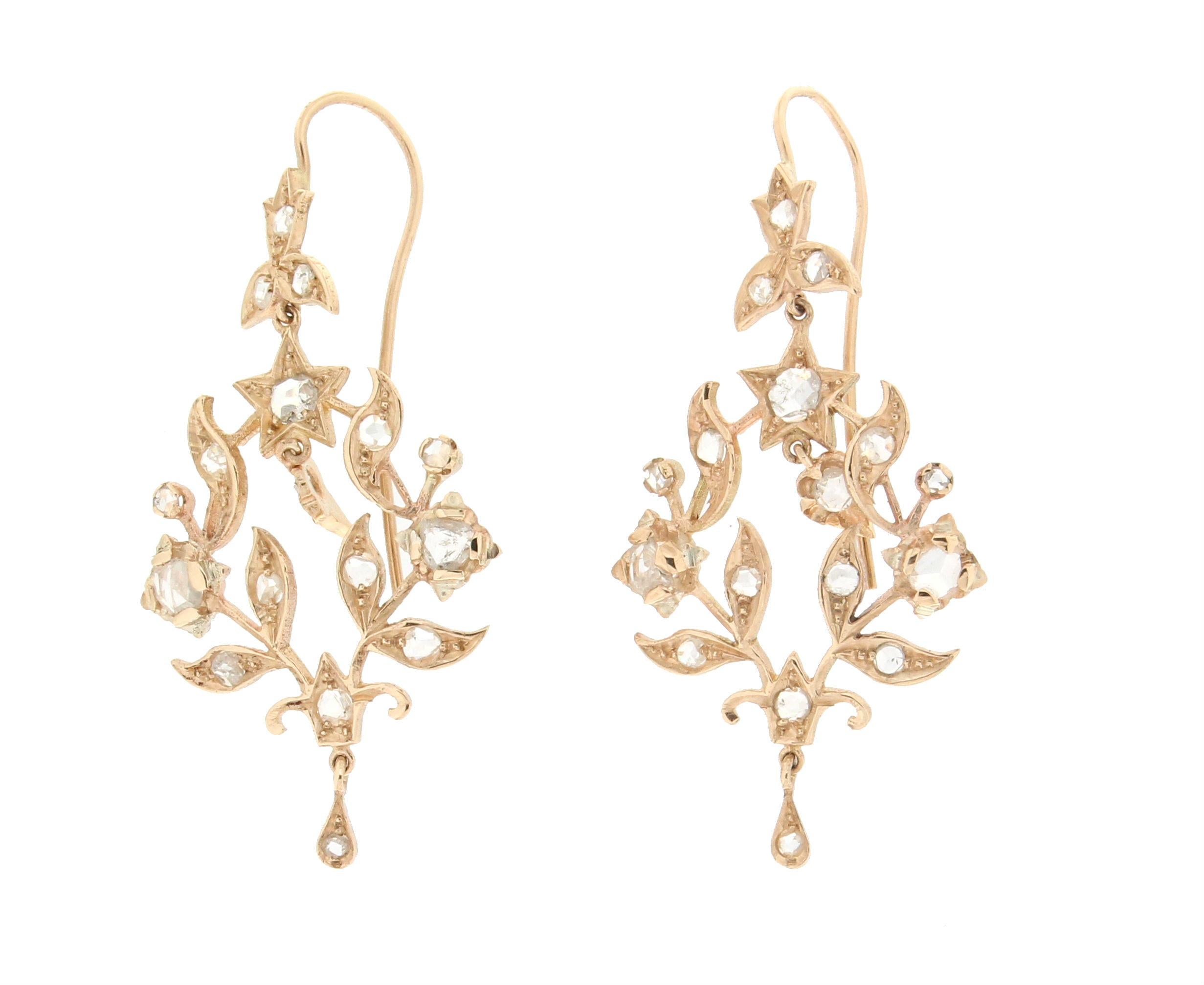 Rose Cut Handcraft Diamonds 14 Karat Yellow Gold Drop Earrings For Sale