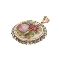 Antique 14kt Yellow Gold Enamel Pendant with Diamonds, 1950