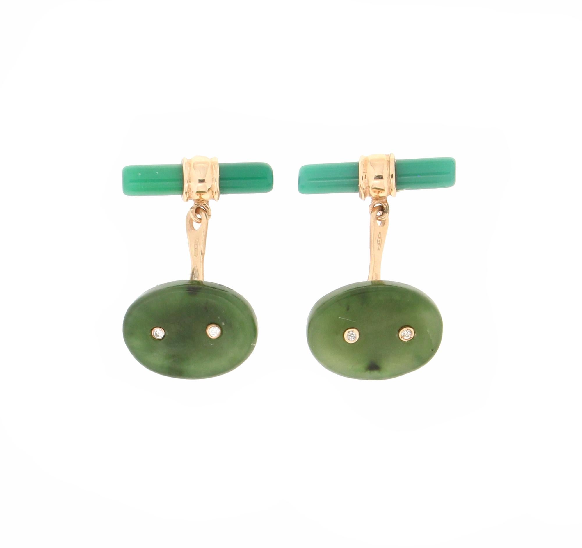 14 Karat yellow gold cufflinks. Handmade by our craftsmen and assembled with green agate and diamonds

Cufflinks total weight 9.90 grams
Diamonds weight 0.04 karat