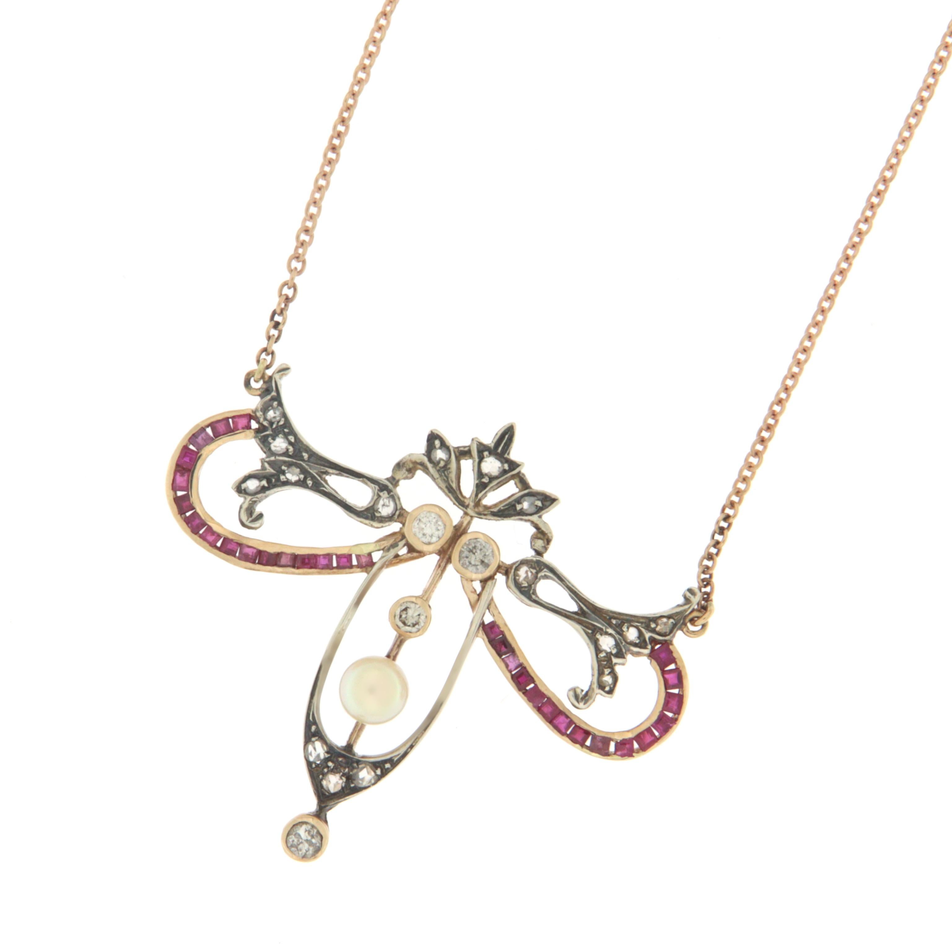 Handgefertigte Halskette mit Diamanten 14 Karat Gelbgold Rubin-Anhänger (Kunsthandwerker*in) im Angebot