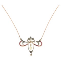Collar Colgante Oro Amarillo 14 Kilates Diamantes Artesanal Rubíes