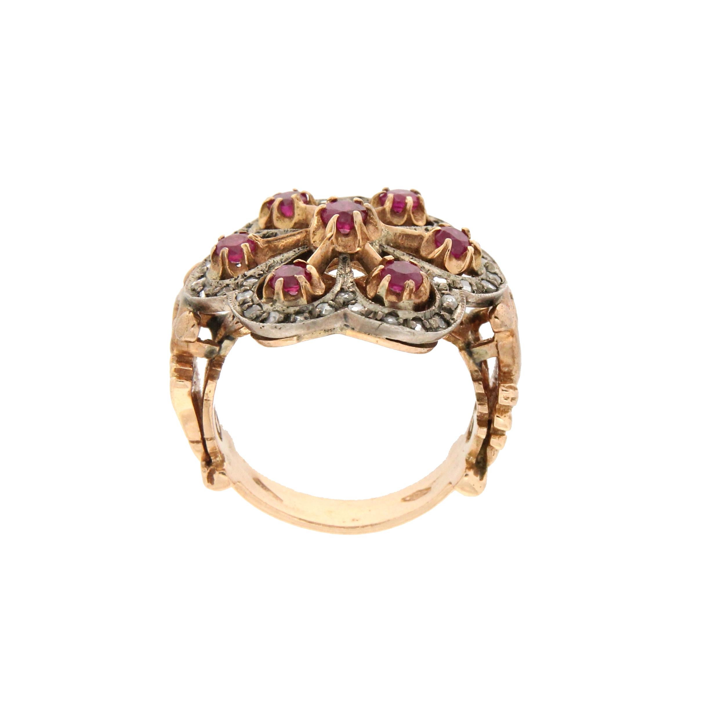 Rose Cut Handcraft Diamonds 14 Karat Yellow Gold Ruby Cocktail Ring For Sale