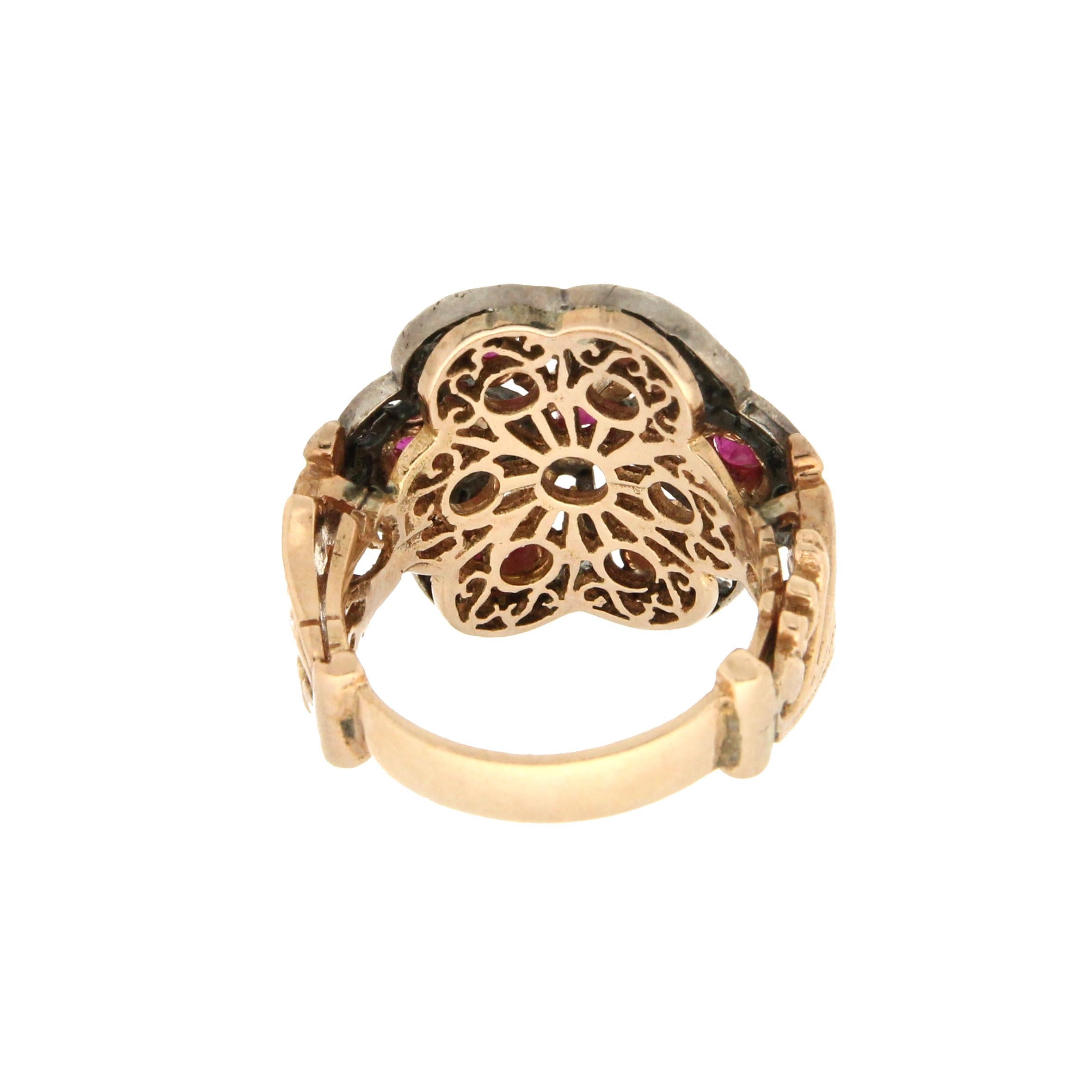 Handcraft Diamonds 14 Karat Yellow Gold Ruby Cocktail Ring For Sale 1