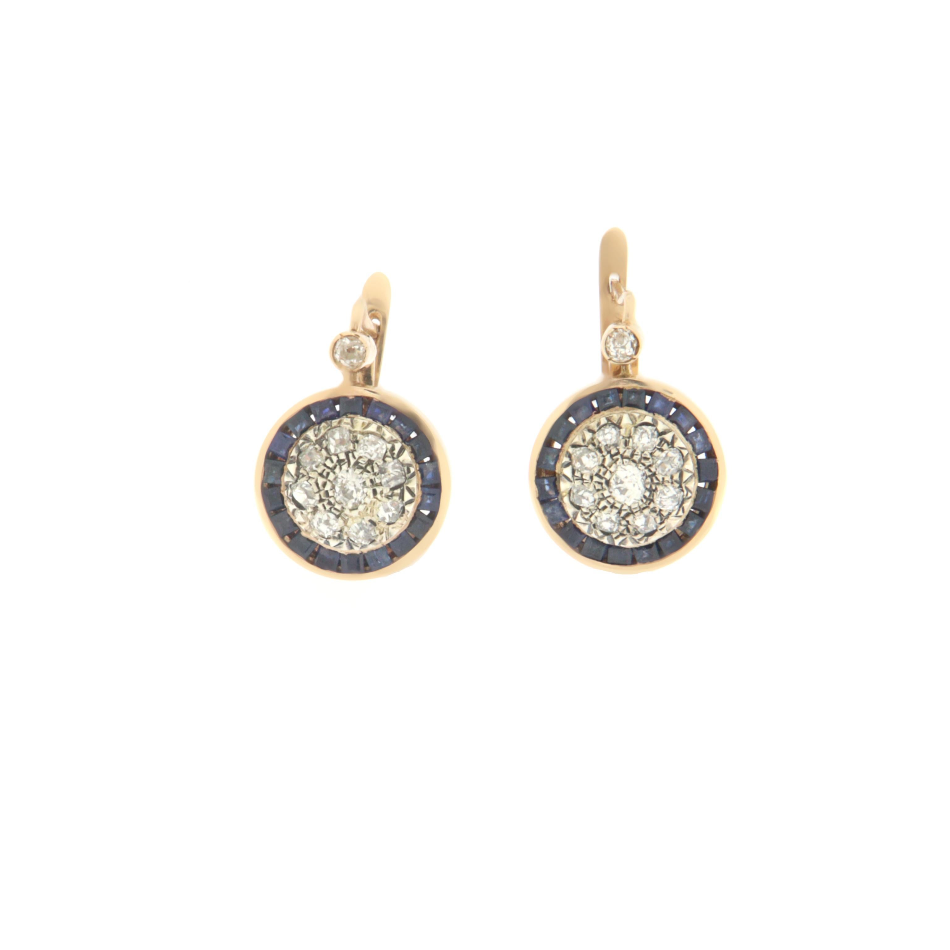 Artisan Handcraft Diamonds 14 Karat Yellow Gold Sapphires Drop Earrings For Sale
