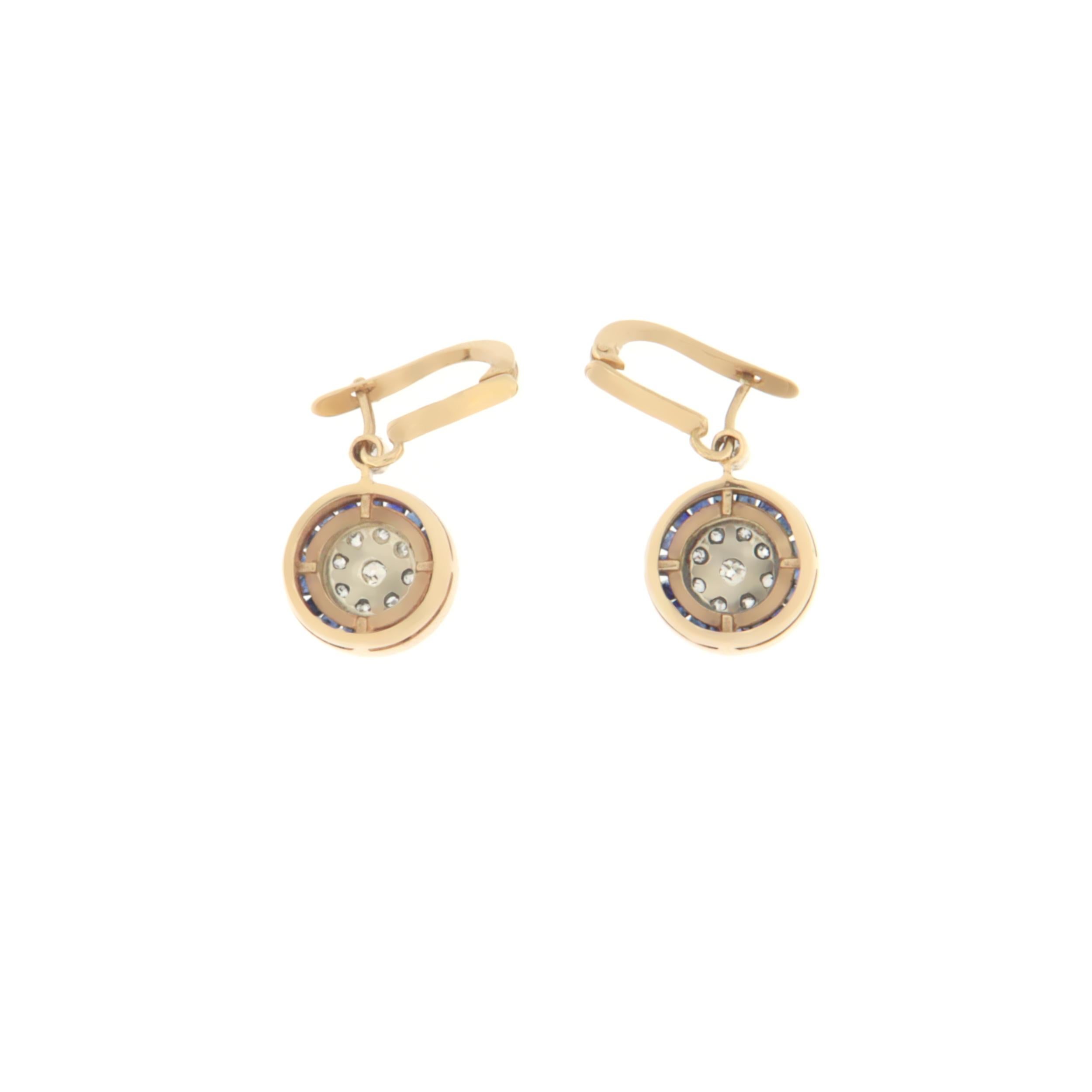 Handcraft Diamonds 14 Karat Yellow Gold Sapphires Drop Earrings In New Condition For Sale In Marcianise, IT