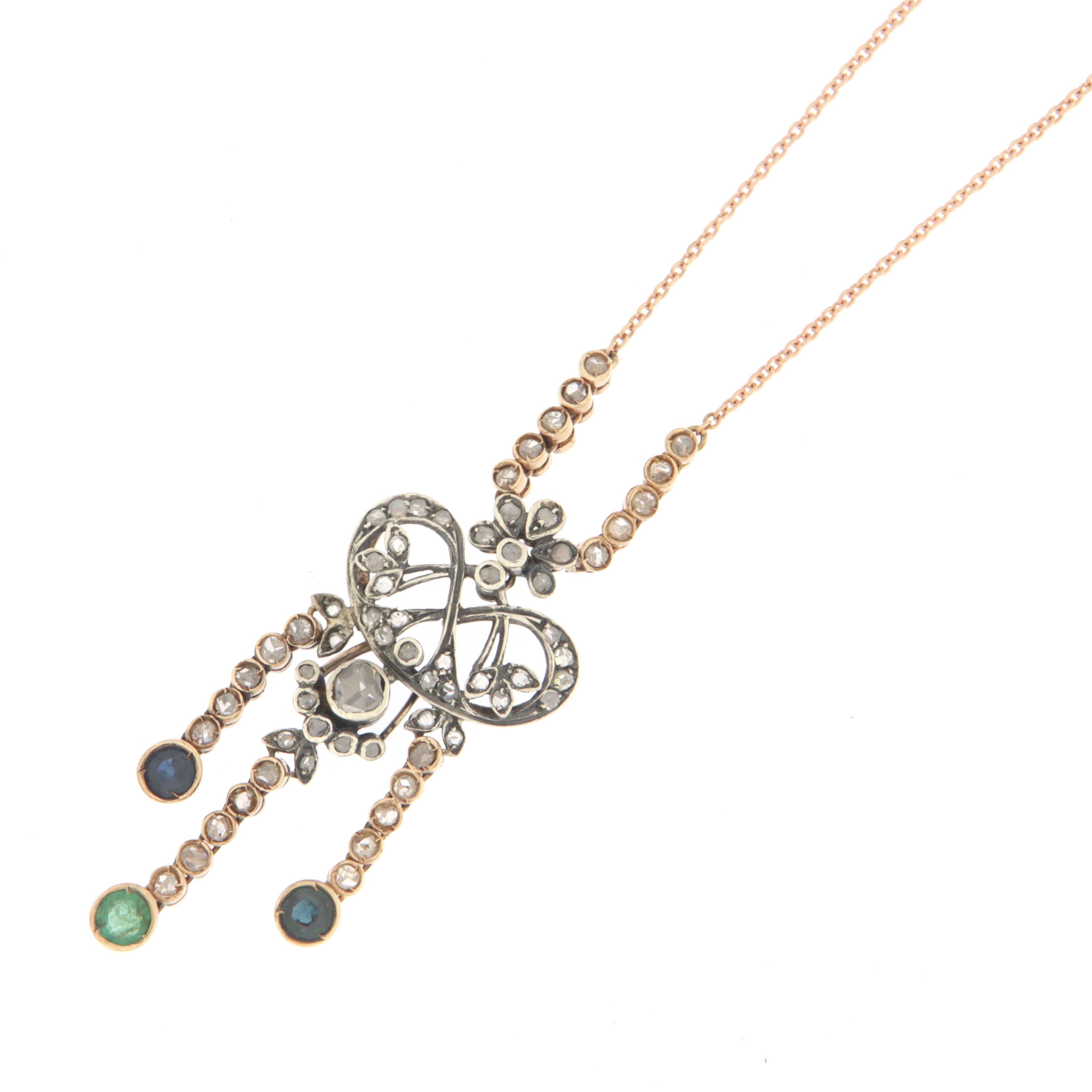 Artisan Handcraft Diamonds 14 Karat Yellow Gold Sapphires Emerald Pendant Necklace For Sale
