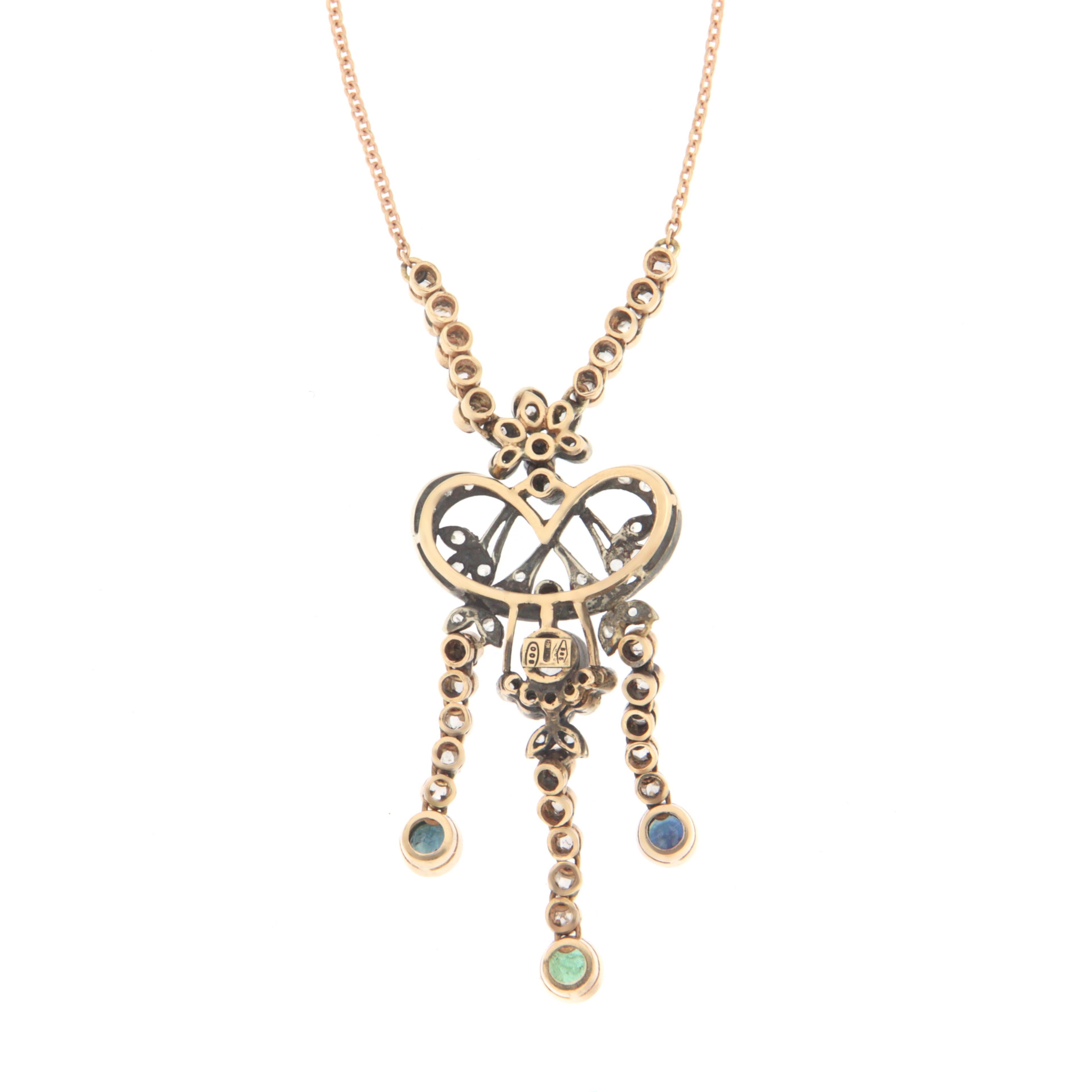 Rose Cut Handcraft Diamonds 14 Karat Yellow Gold Sapphires Emerald Pendant Necklace For Sale