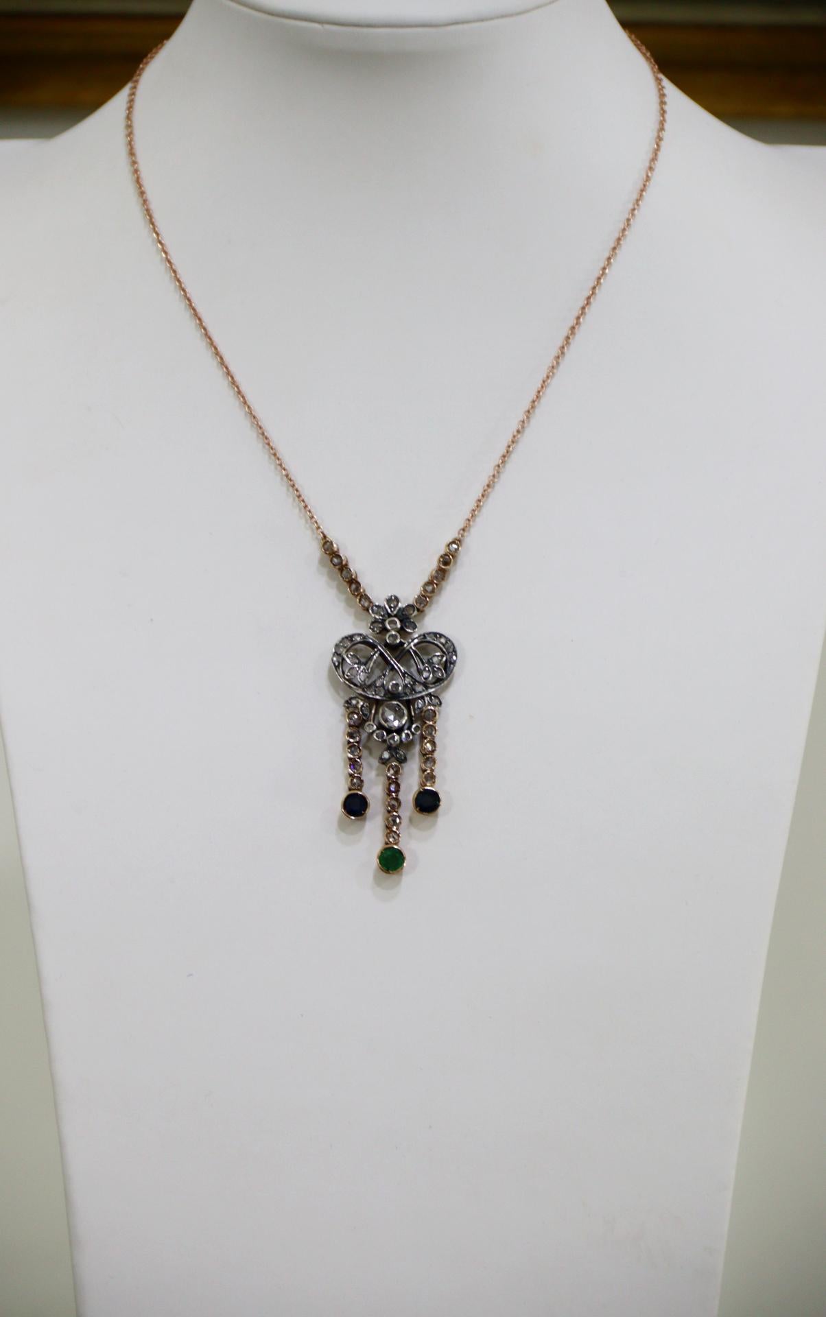 Halskette mit Anhänger, handgefertigte Diamanten 14 Karat Gelbgold Saphire Smaragd im Angebot 2