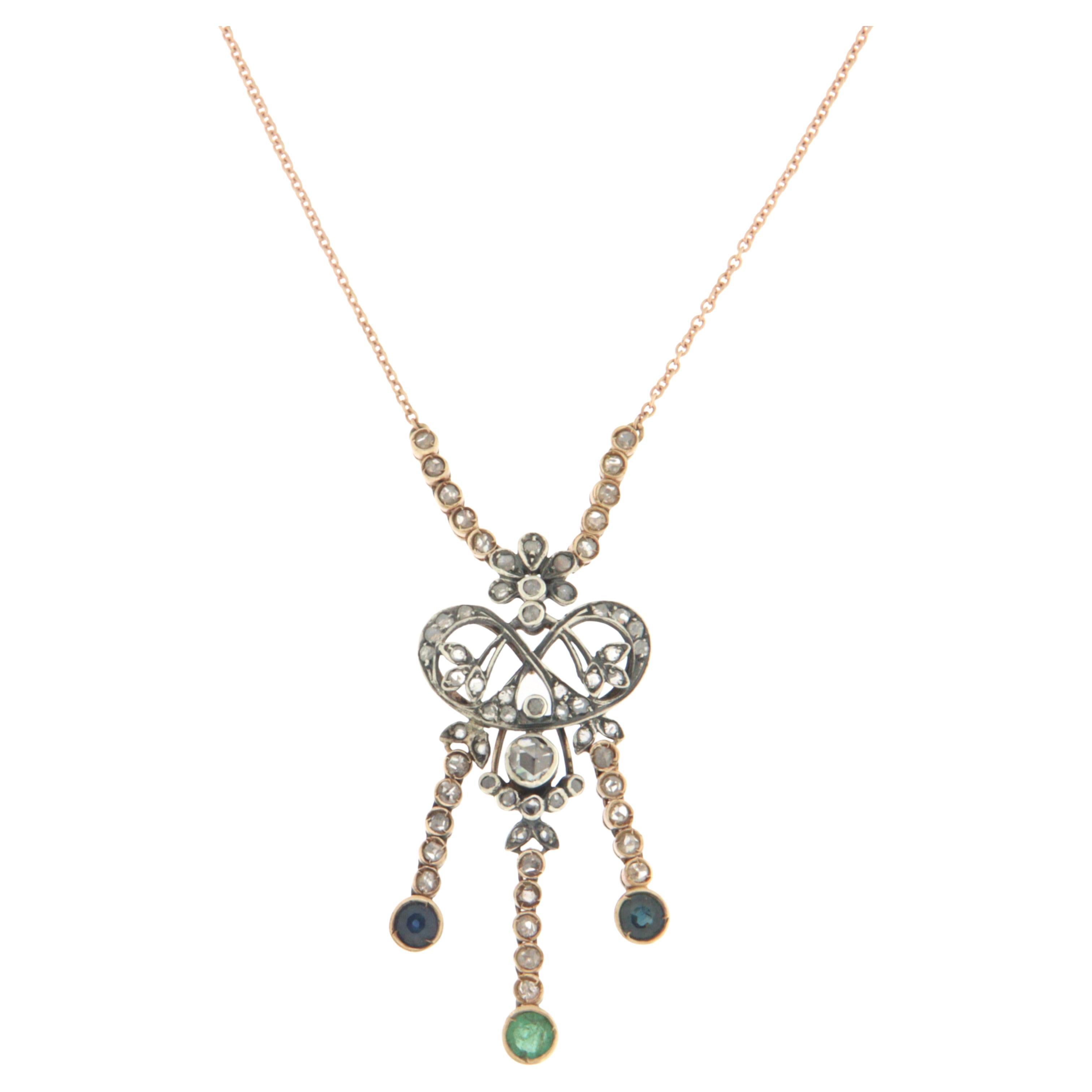 Handcraft Diamonds 14 Karat Yellow Gold Sapphires Emerald Pendant Necklace
