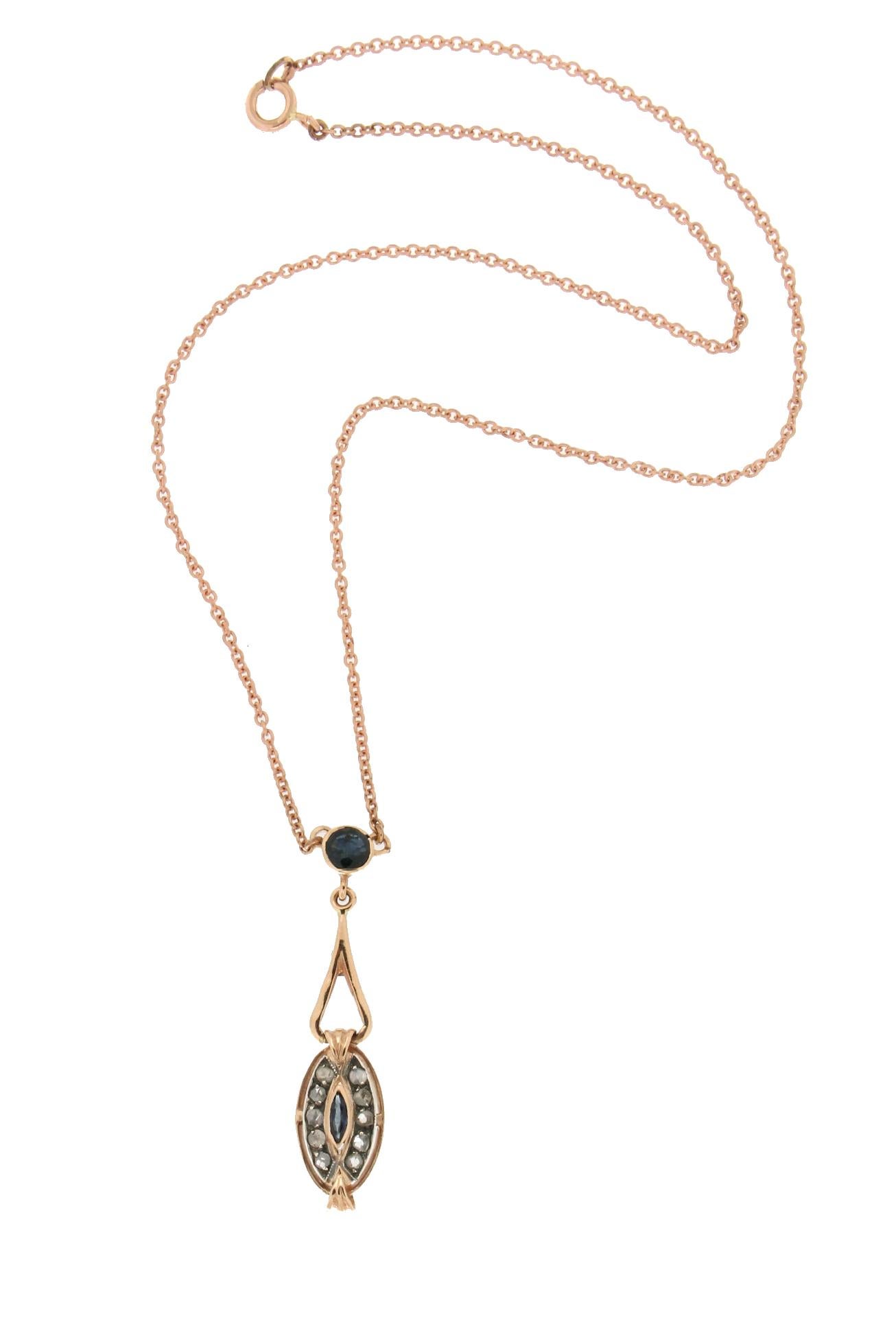 Artisan Handcraft Diamonds 14 Karat Yellow Gold Sapphires Pendant Necklace For Sale
