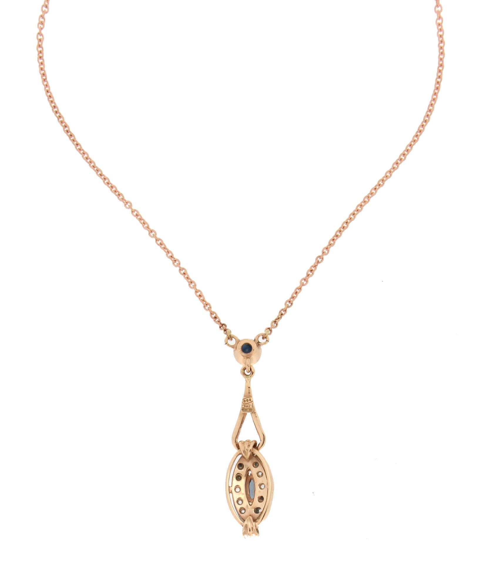 Old European Cut Handcraft Diamonds 14 Karat Yellow Gold Sapphires Pendant Necklace For Sale