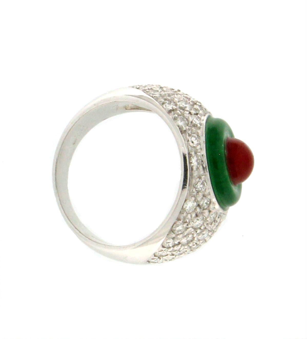 Artisan Handcraft Diamonds 18 Karat White Gold Agate Coral Band Ring For Sale