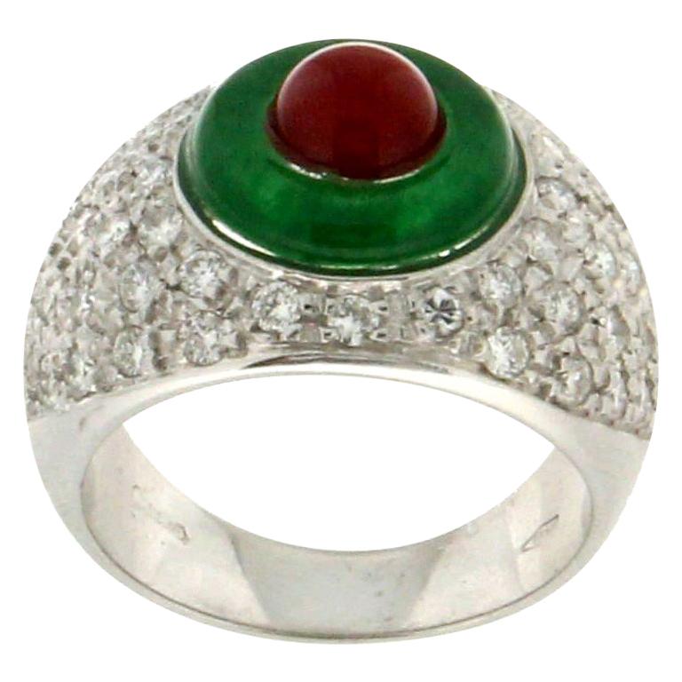 Handcraft Diamonds 18 Karat White Gold Agate Coral Band Ring For Sale