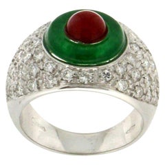 Bague jonc artisanale en or blanc 18 carats, agate et corail avec diamants