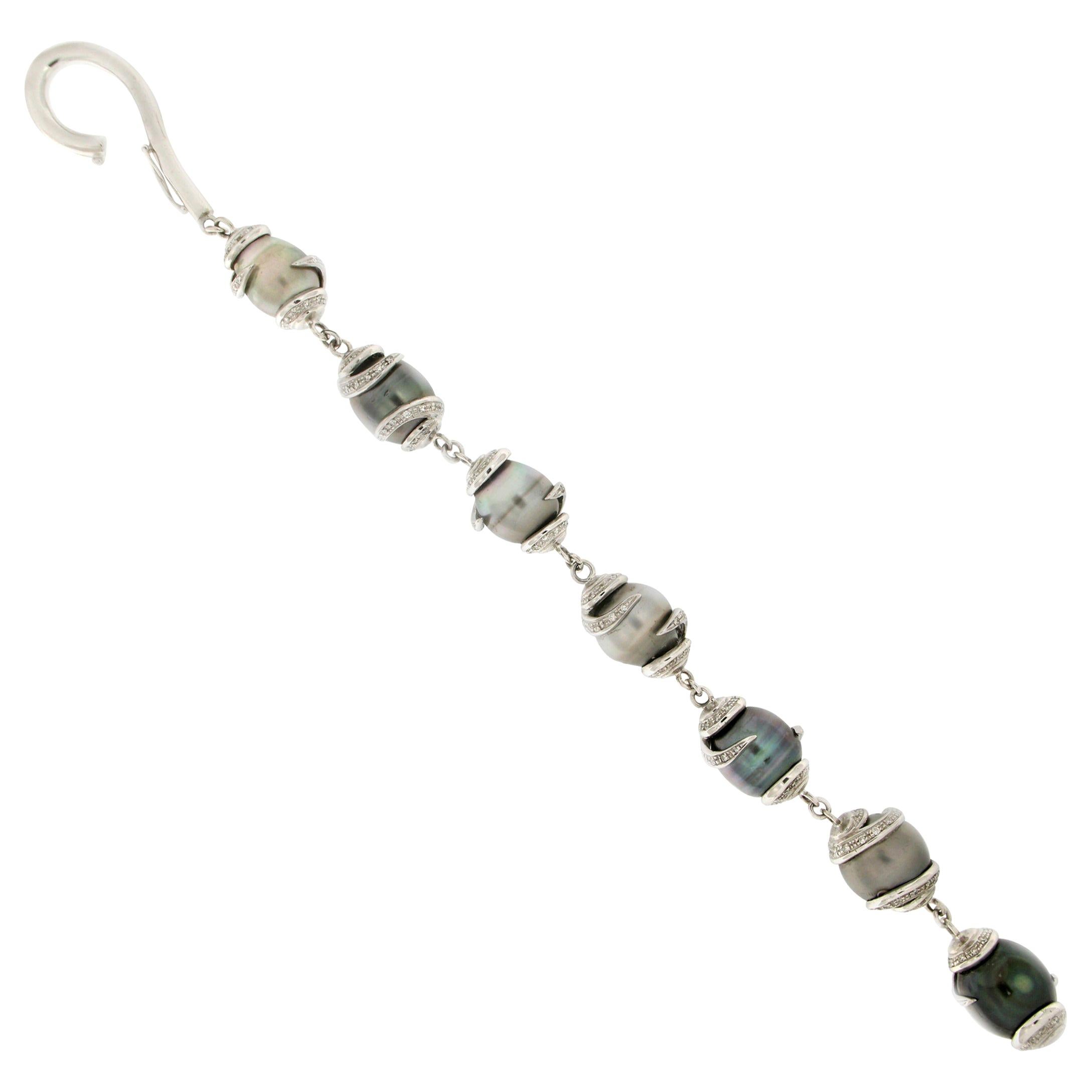 Handcraft Opal 14 Karat White Gold Diamonds Japan Pearls Diamonds Cuff