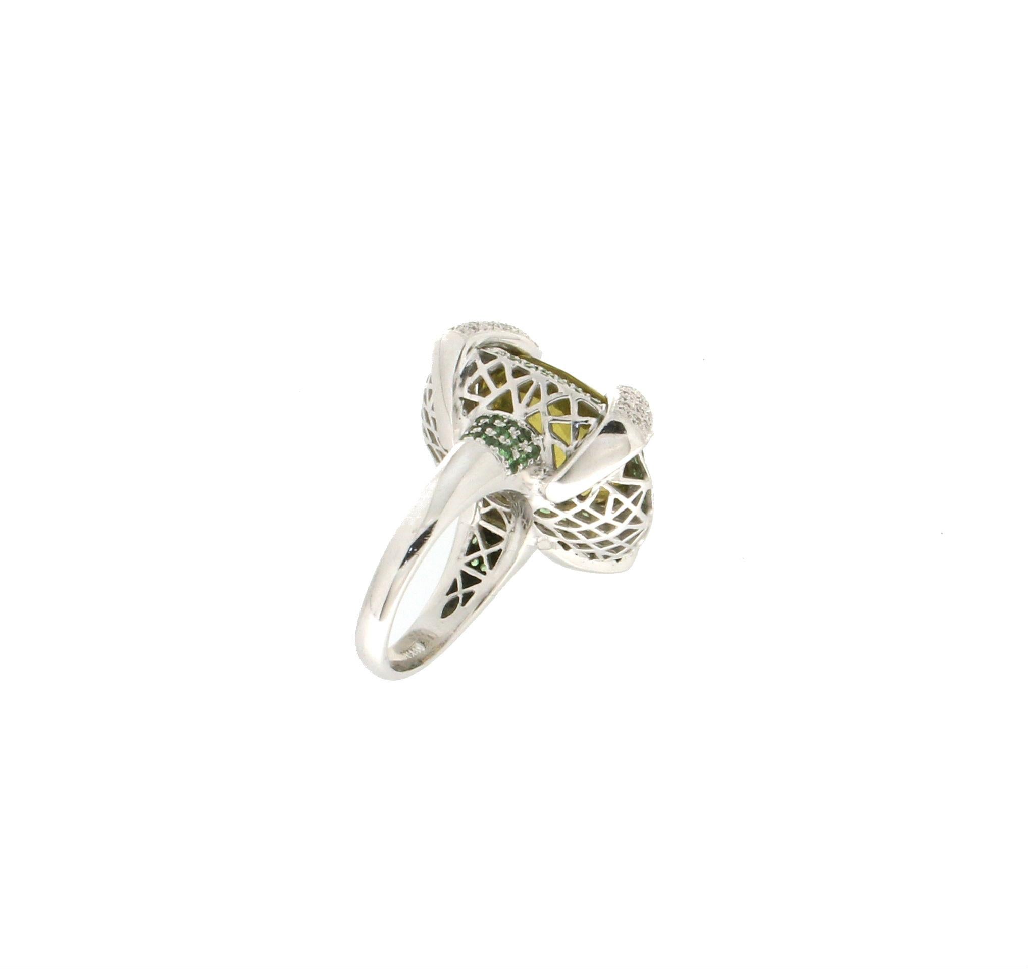 Artisan Handcraft Diamonds 18 Karat White Gold Emeralds Yellow Citrine Cocktail Ring For Sale