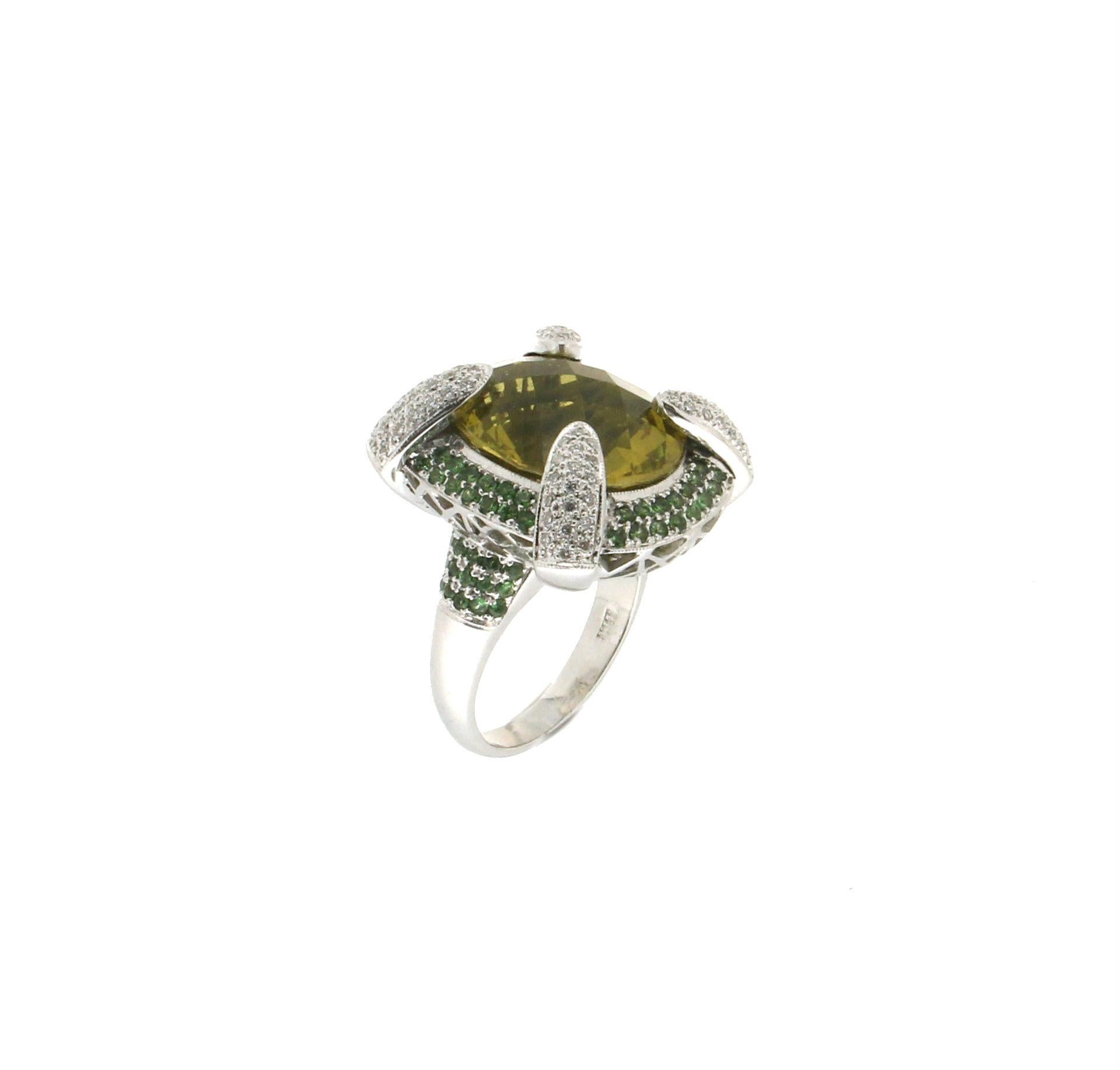 Brilliant Cut Handcraft Diamonds 18 Karat White Gold Emeralds Yellow Citrine Cocktail Ring For Sale