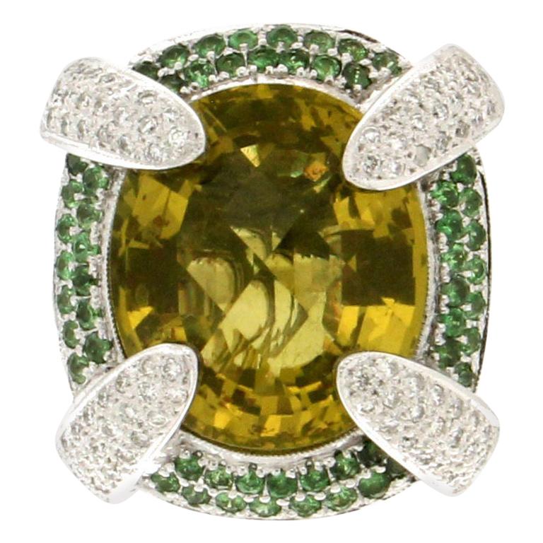 Handcraft Diamonds 18 Karat White Gold Emeralds Yellow Citrine Cocktail Ring For Sale