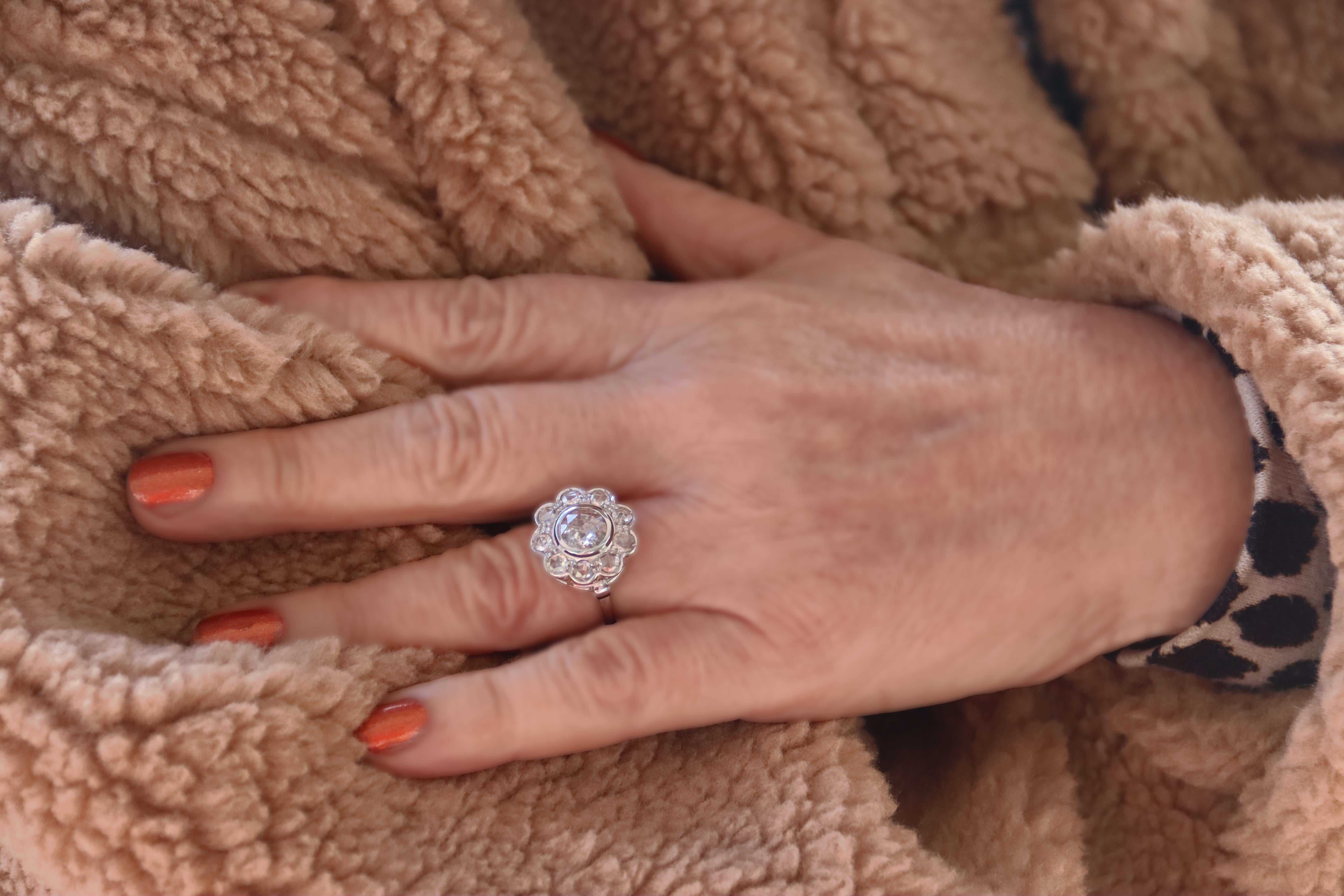 Rose Cut Handcraft Diamonds 18 Karat White Gold Engagement Ring For Sale