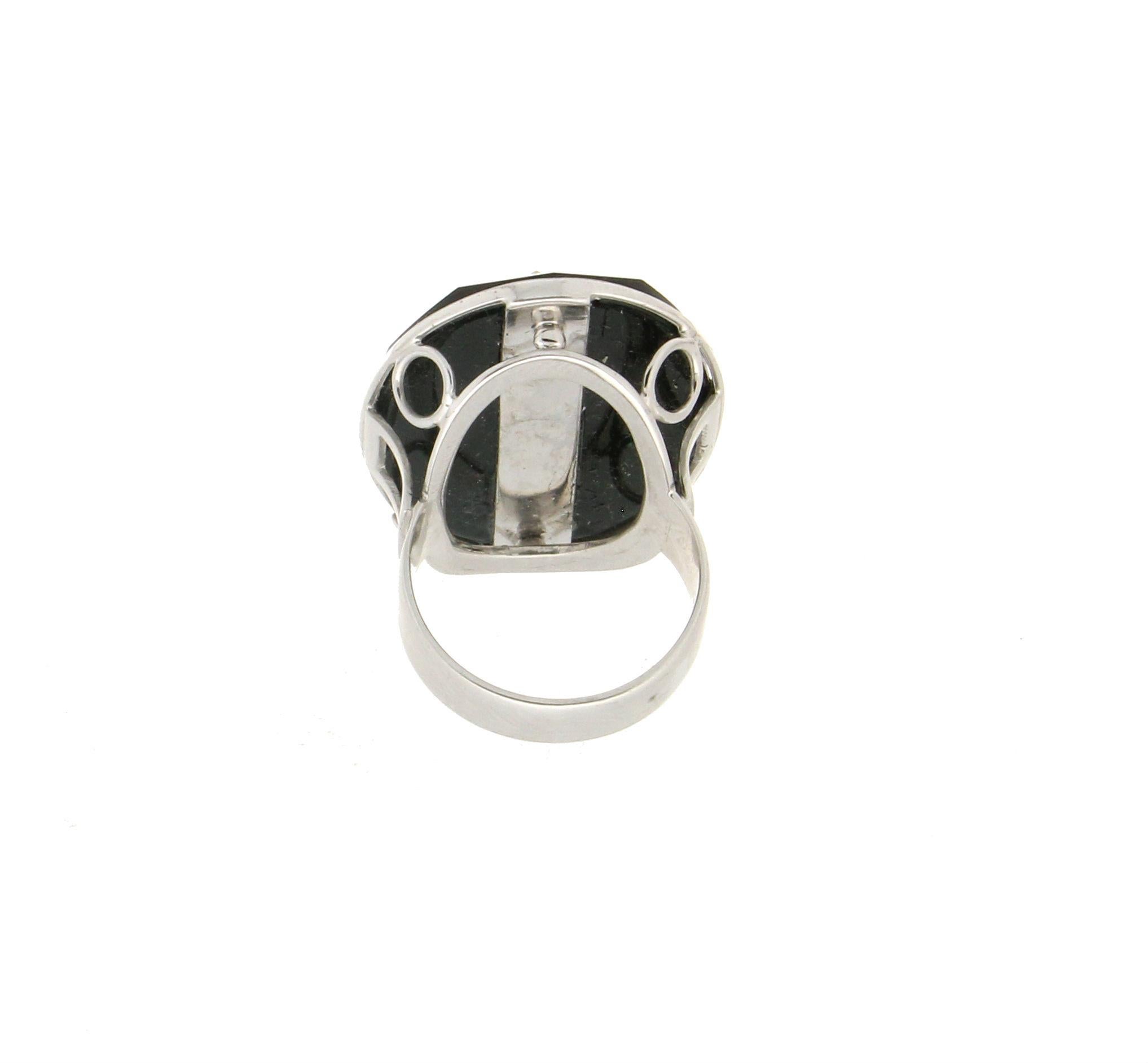 Oval Cut Handcraft Diamonds 18 Karat White Gold Onyx Cocktail Ring For Sale