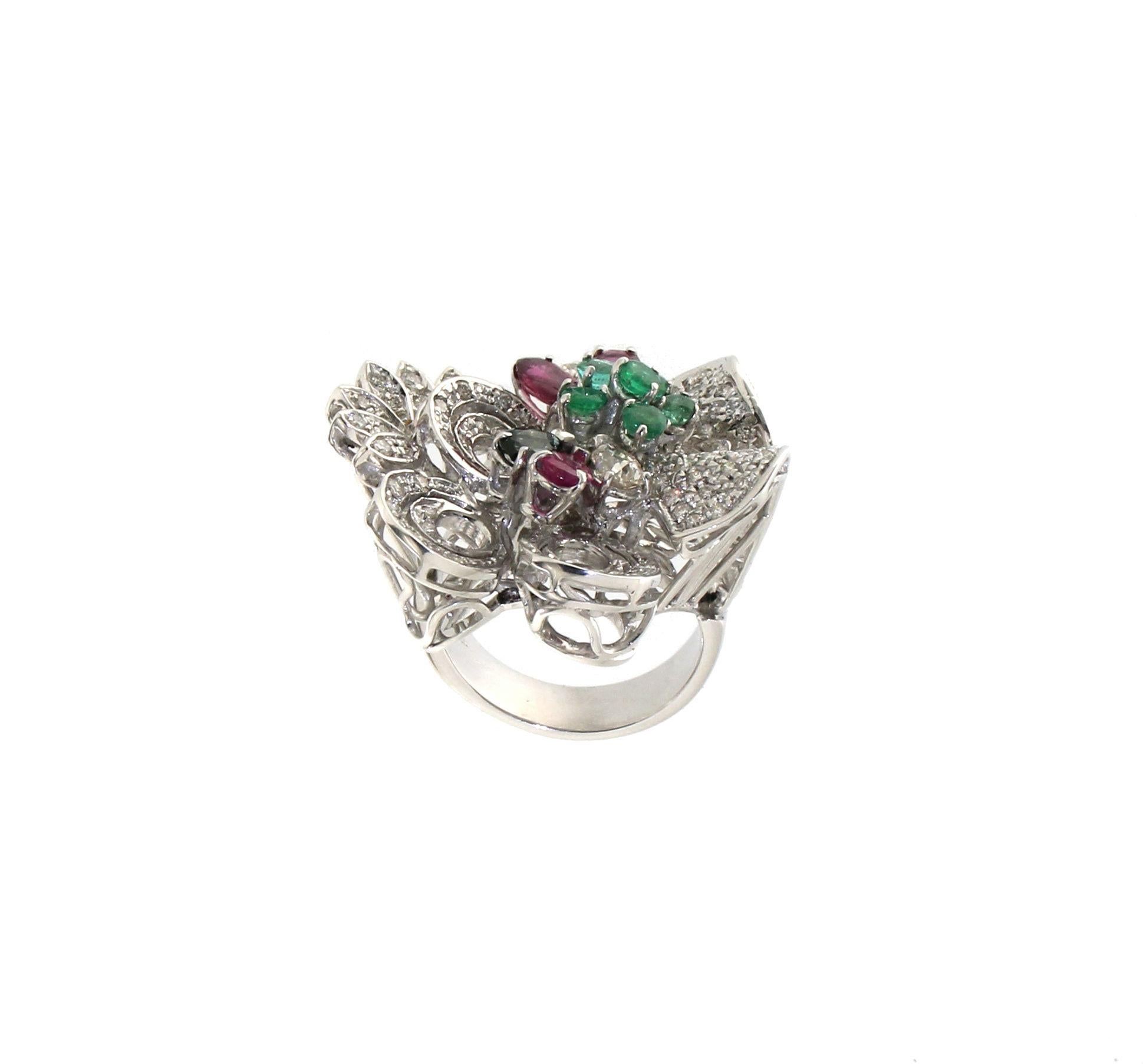 Artisan Handcraft Diamonds 18 Karat White Gold Ruby Emerald Sapphires Cocktail Ring For Sale