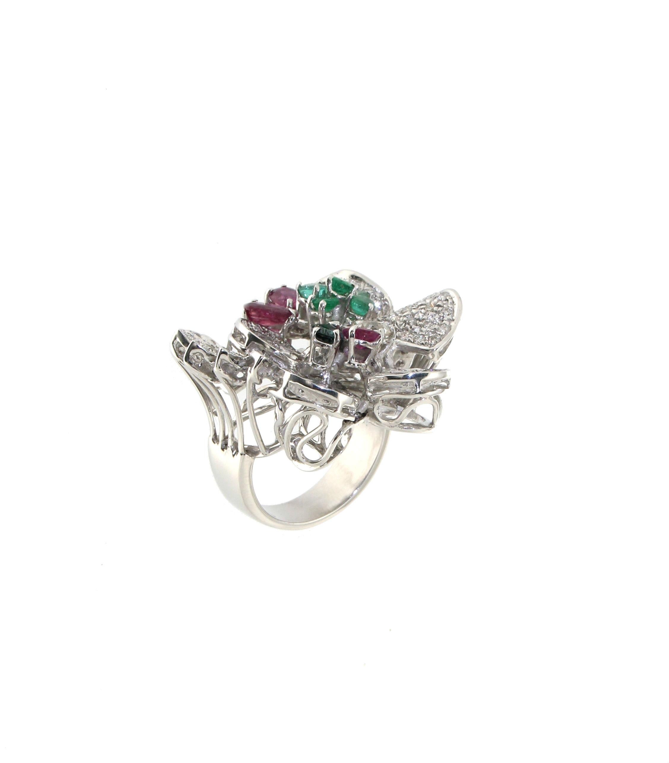 Mixed Cut Handcraft Diamonds 18 Karat White Gold Ruby Emerald Sapphires Cocktail Ring For Sale