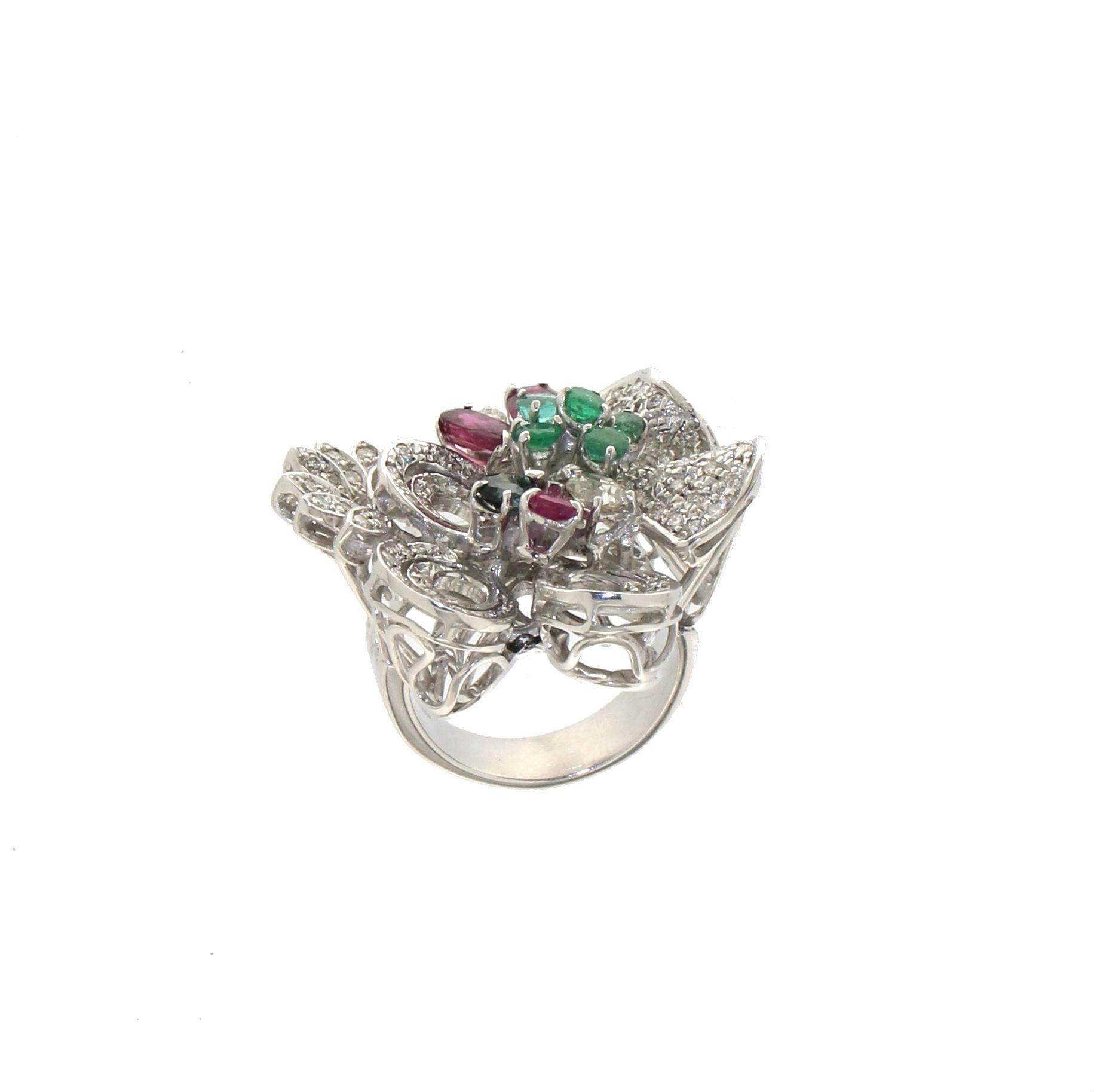 Women's or Men's Handcraft Diamonds 18 Karat White Gold Ruby Emerald Sapphires Cocktail Ring For Sale