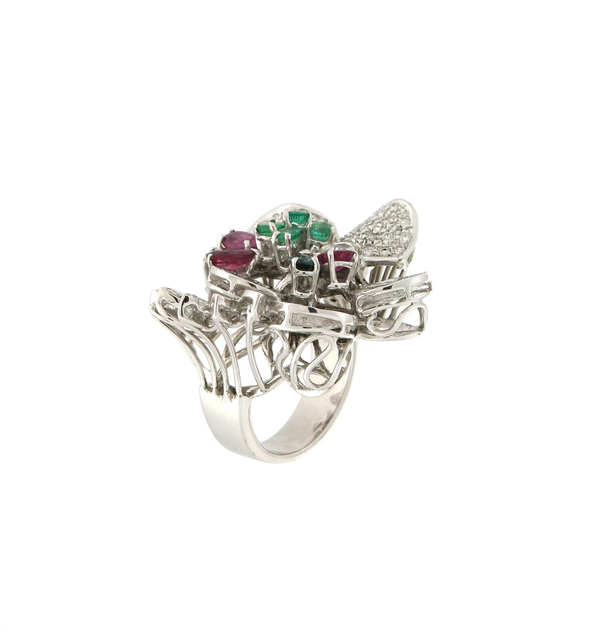 Handcraft Diamonds 18 Karat White Gold Ruby Emerald Sapphires Cocktail Ring For Sale 2