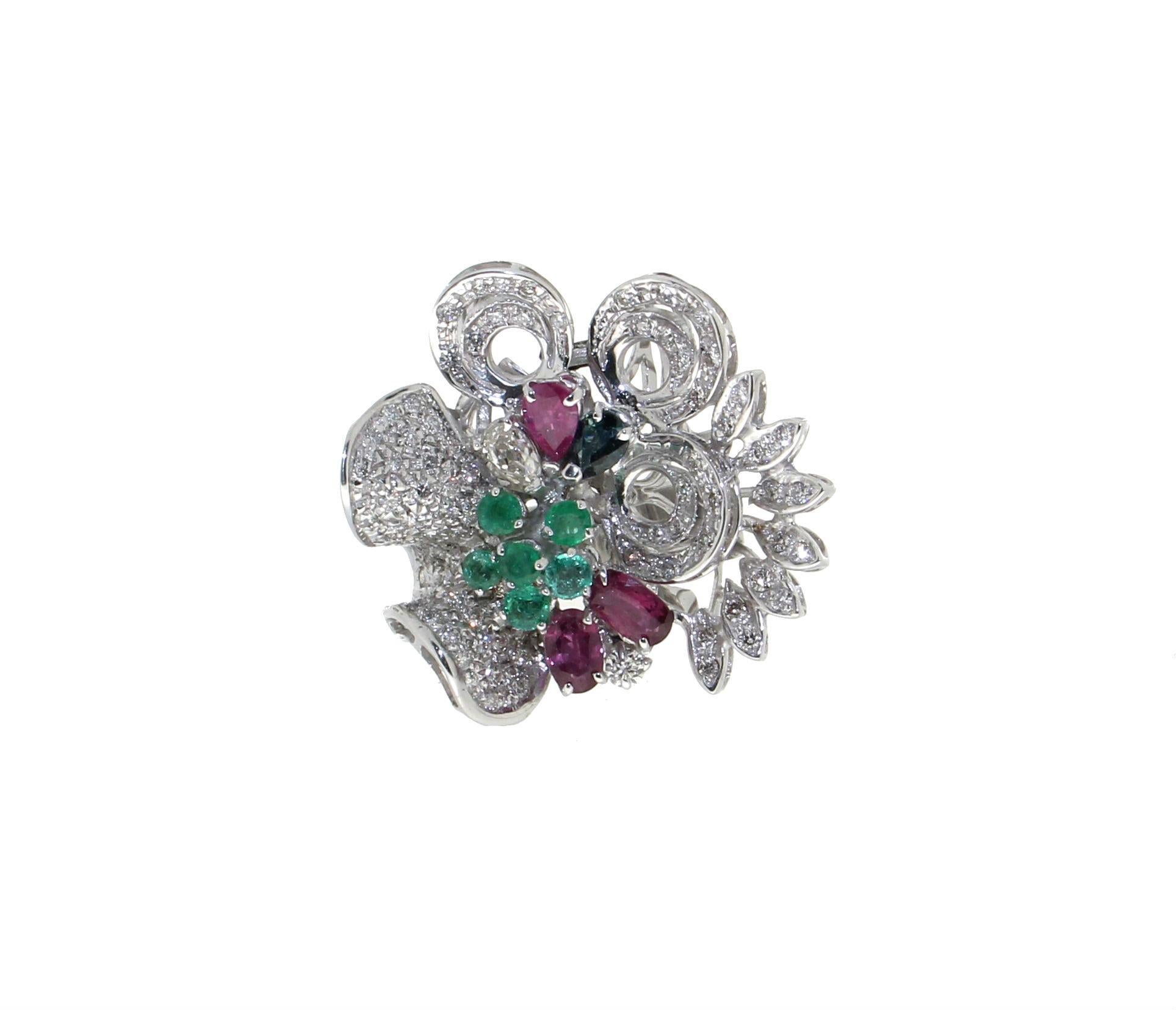 Handcraft Diamonds 18 Karat White Gold Ruby Emerald Sapphires Cocktail Ring For Sale 3