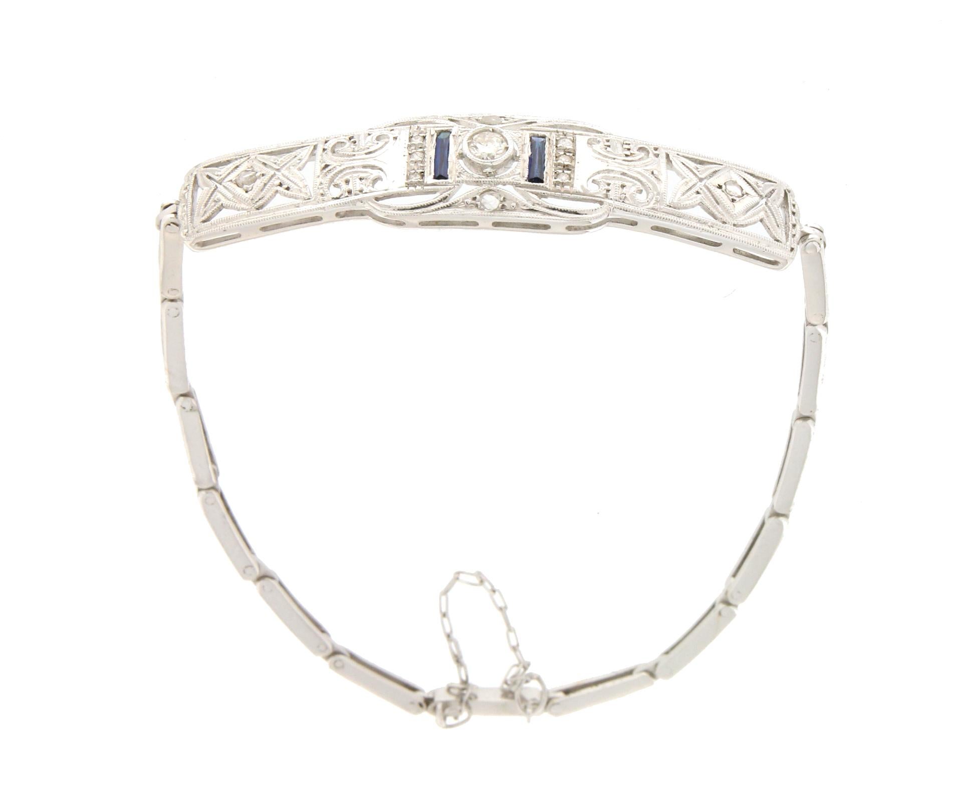 Artisan Handcraft Diamonds 18 Karat White Gold Sapphires Bangle Bracelet