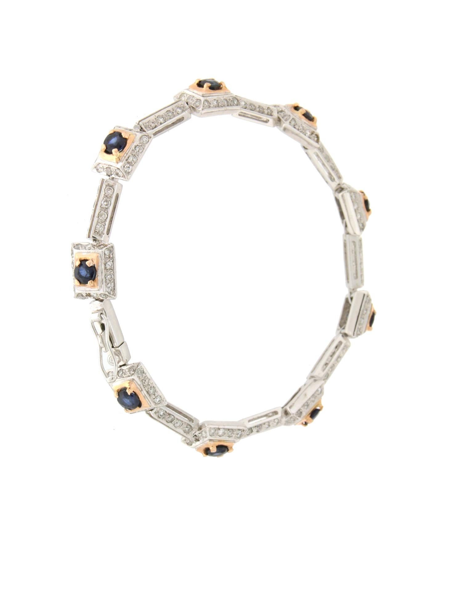 Artisan Handcraft Diamonds 18 Karat White Gold Sapphires Cuff Bracelet For Sale