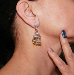 Modern Multi-Color Sapphire & Natural Diamond 18K Gold Spiral Chandelier Earring
