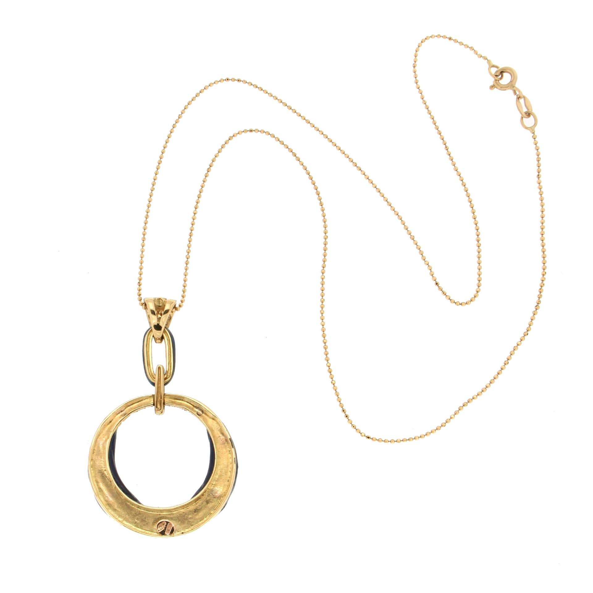Women's or Men's Handcraft Diamonds 18 Karat Yellow Gold Enamel Pendant Necklace For Sale