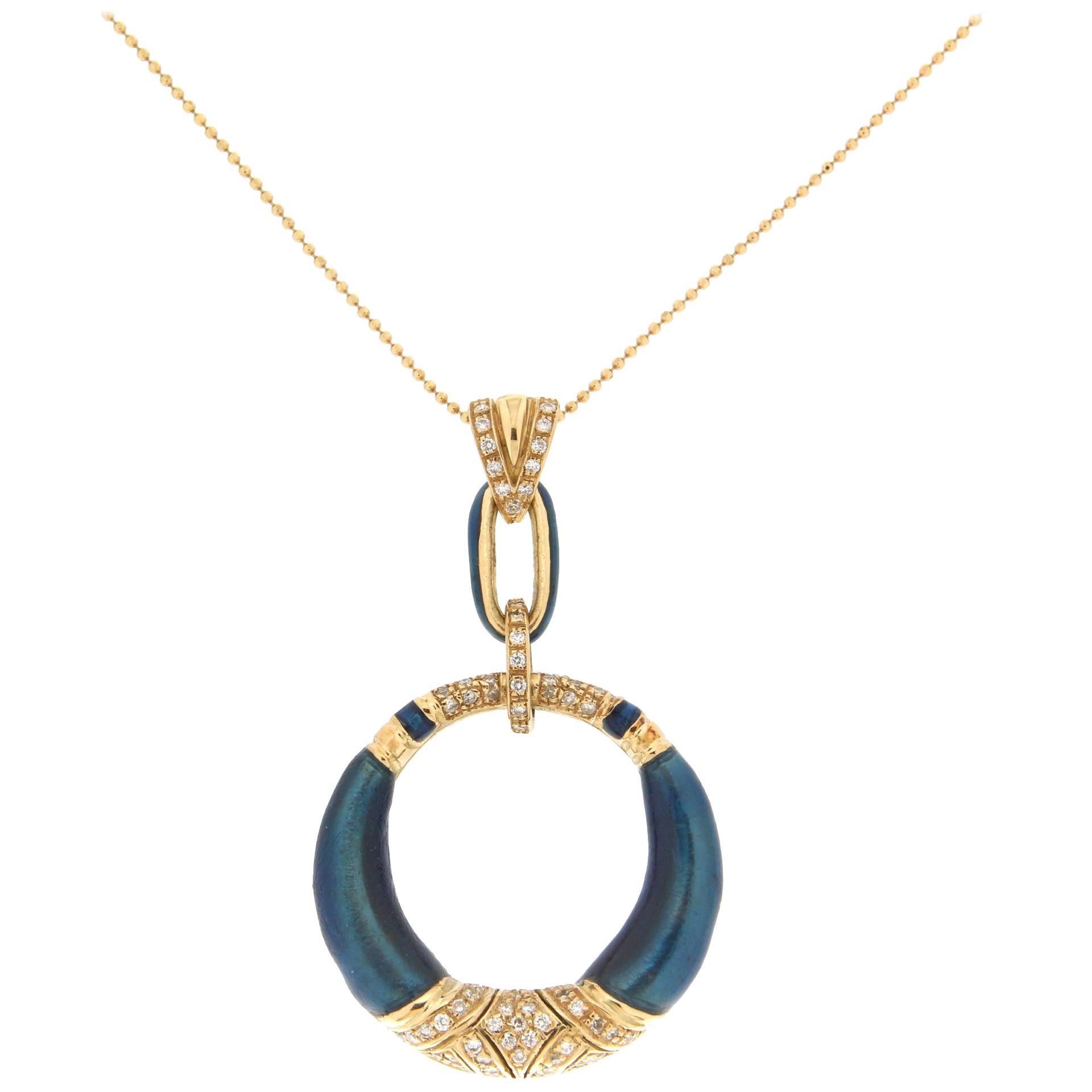 Handcraft Diamonds 18 Karat Yellow Gold Enamel Pendant Necklace