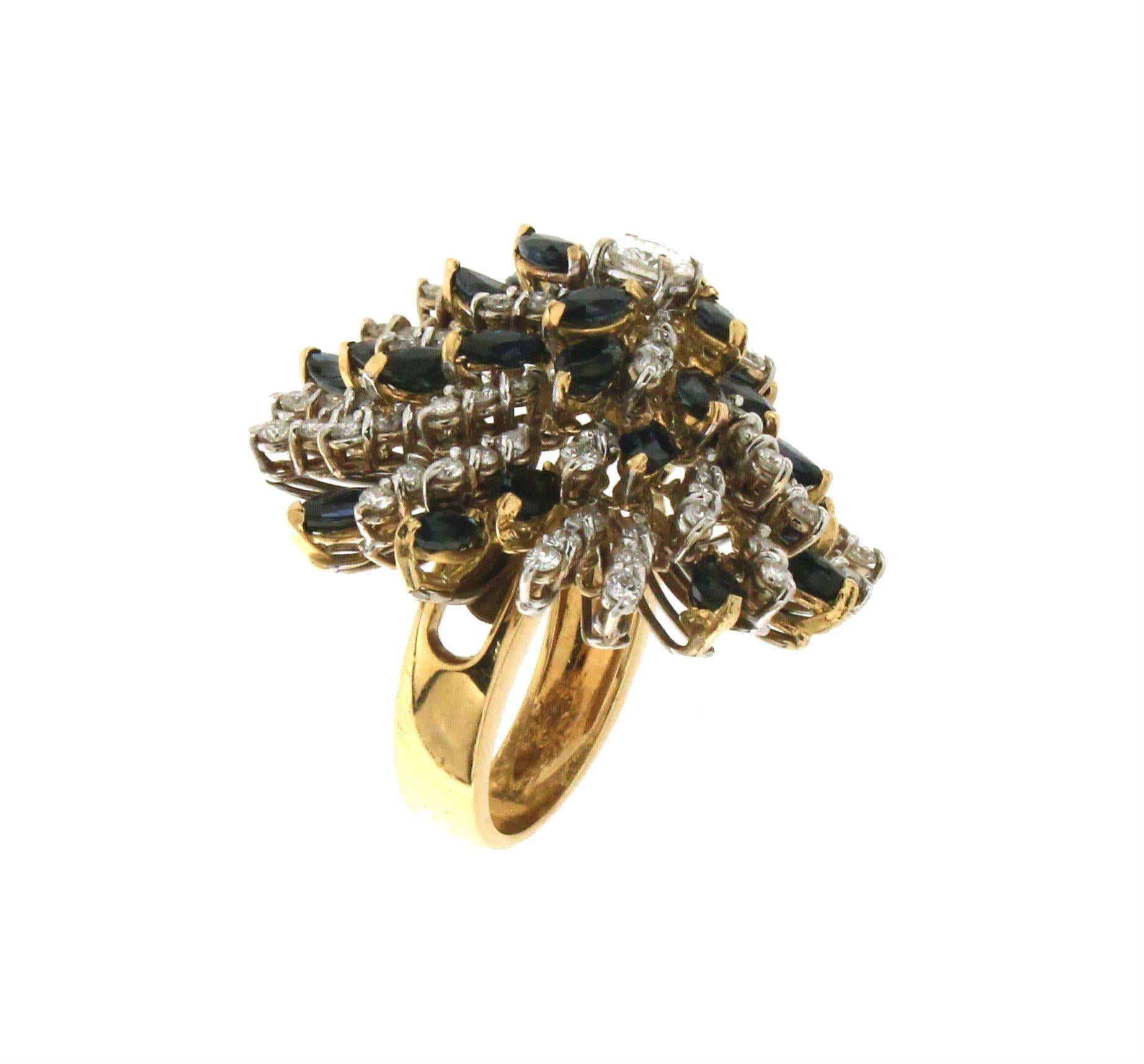Artisan Handcraft Diamonds 18 Karat Yellow Gold Sapphires Cocktail Ring For Sale