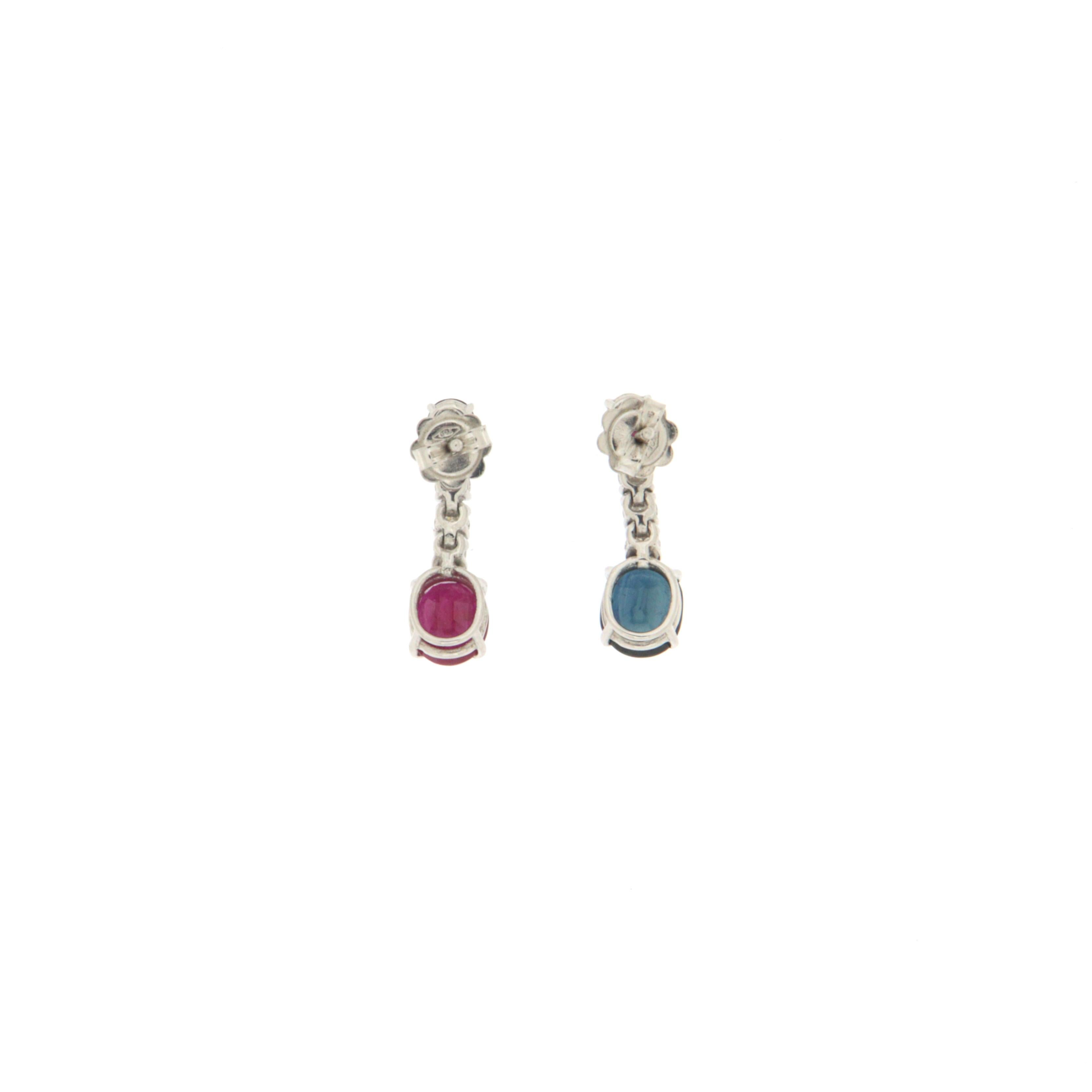 Handcraft Diamonds 18 Karats White Gold Sapphires Rubies Drop Earrings In New Condition For Sale In Marcianise, IT