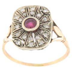 Vintage 9K Yellow Gold & 800 Silver Shield Ring with Ruby & Natural Diamond