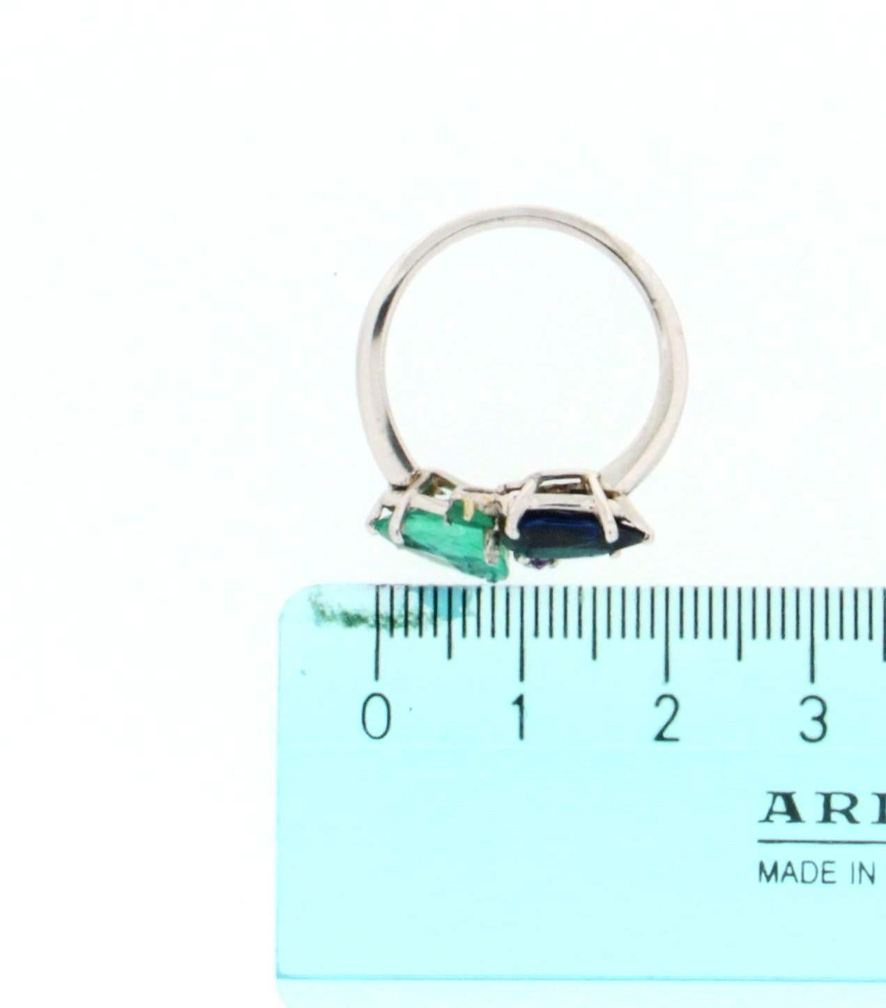 Handcraft Diamonds Platinum Emerald Sapphire Drops Cocktail Ring For Sale 4