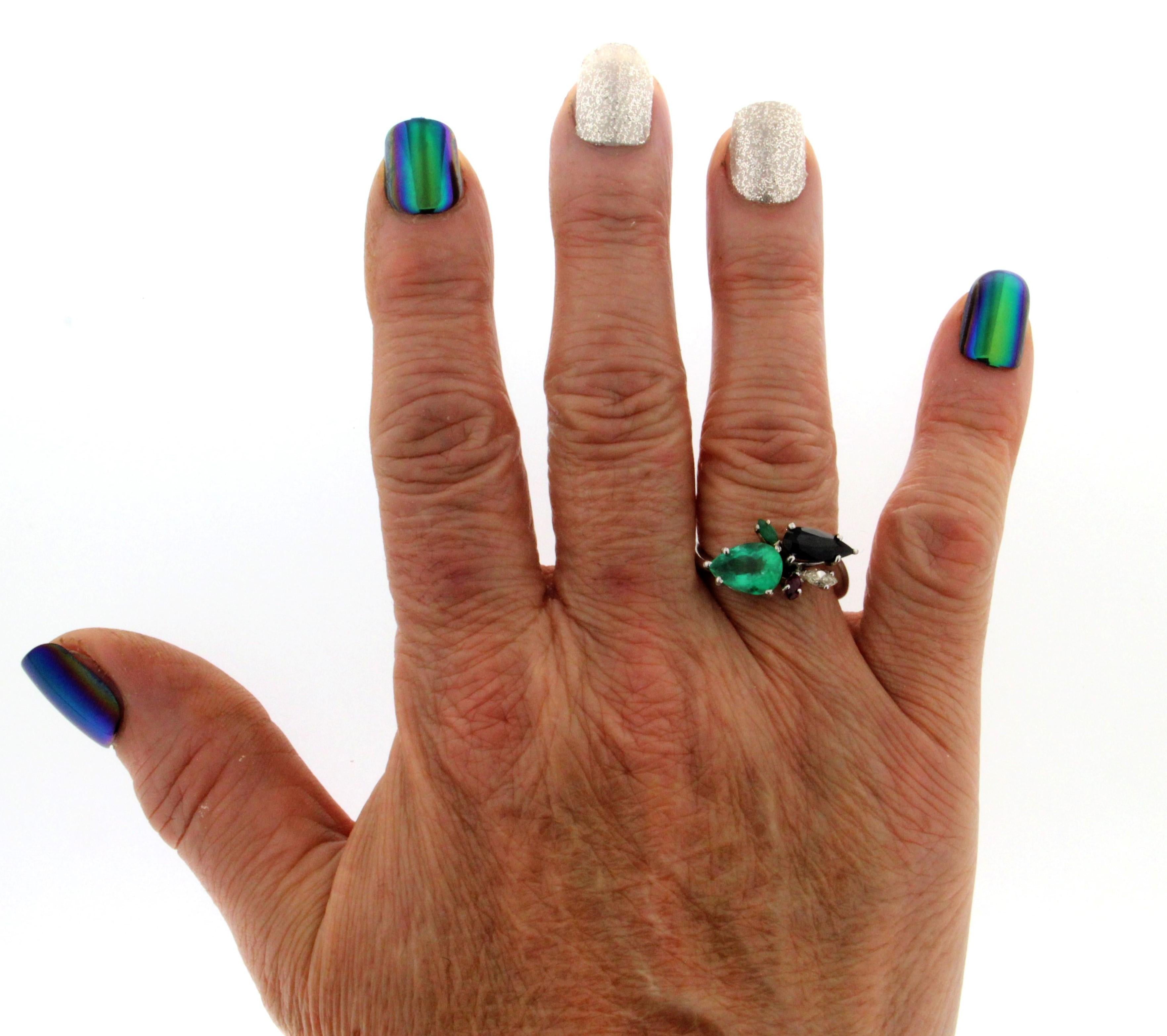 Handcraft Diamonds Platinum Emerald Sapphire Drops Cocktail Ring For Sale 5