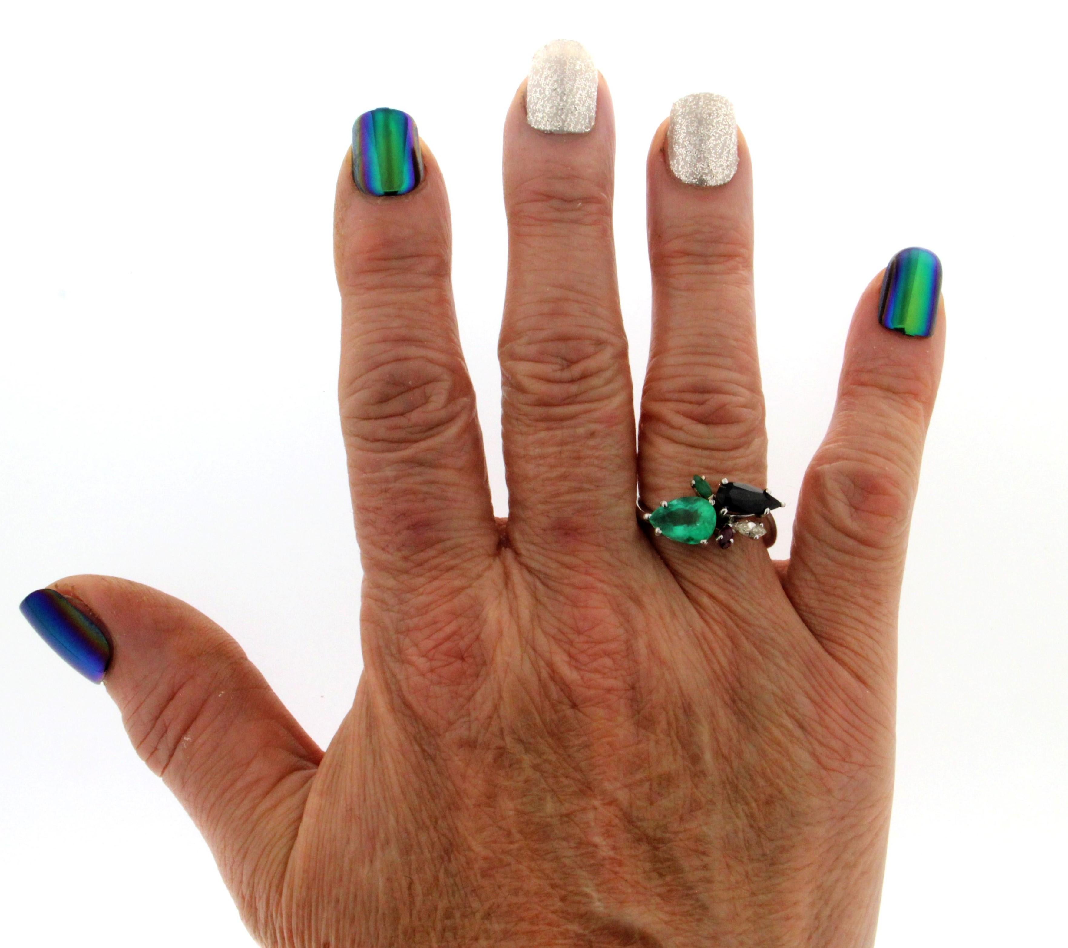 Handcraft Diamonds Platinum Emerald Sapphire Drops Cocktail Ring For Sale 2
