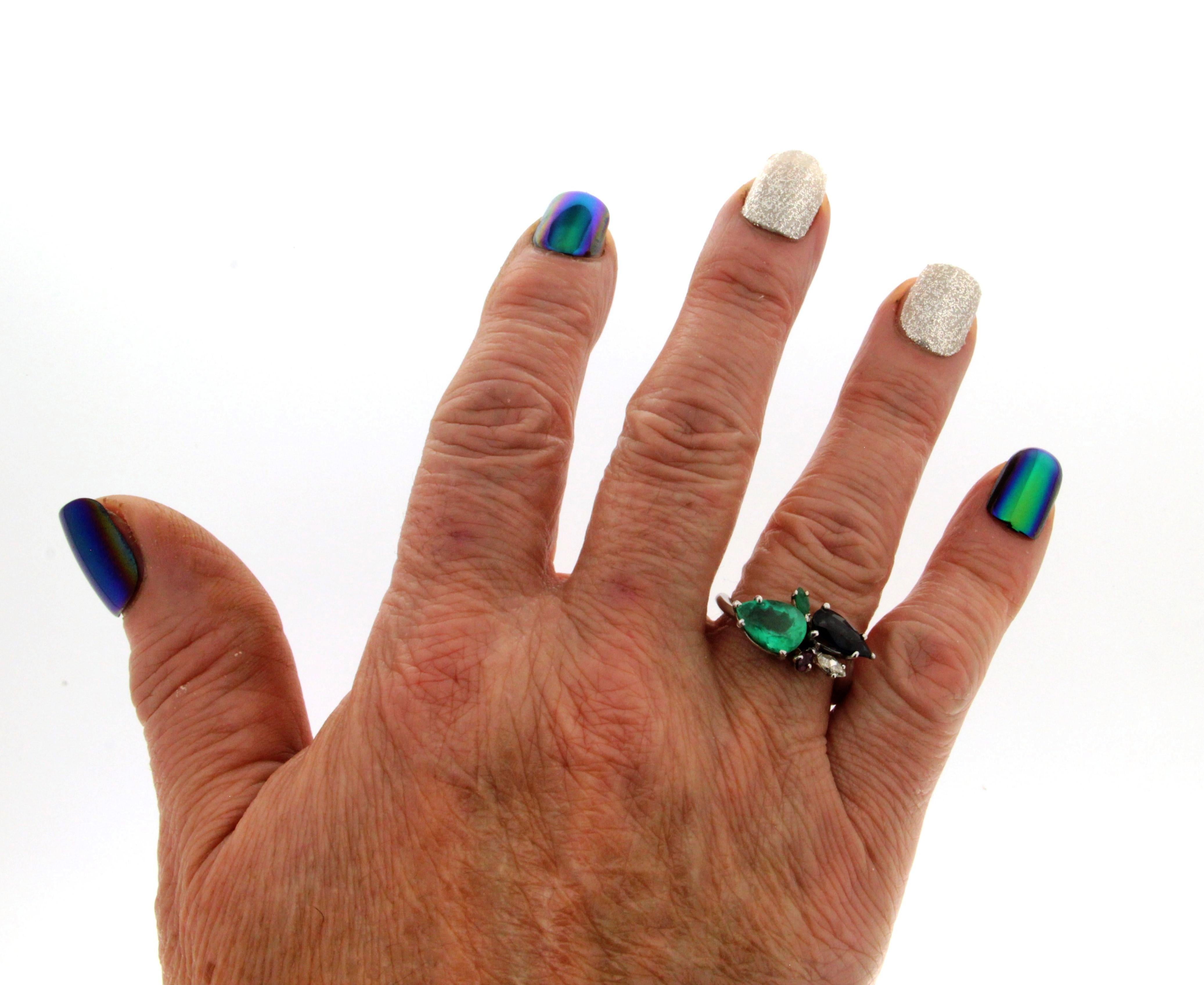 Handcraft Diamonds Platinum Emerald Sapphire Drops Cocktail Ring For Sale 6