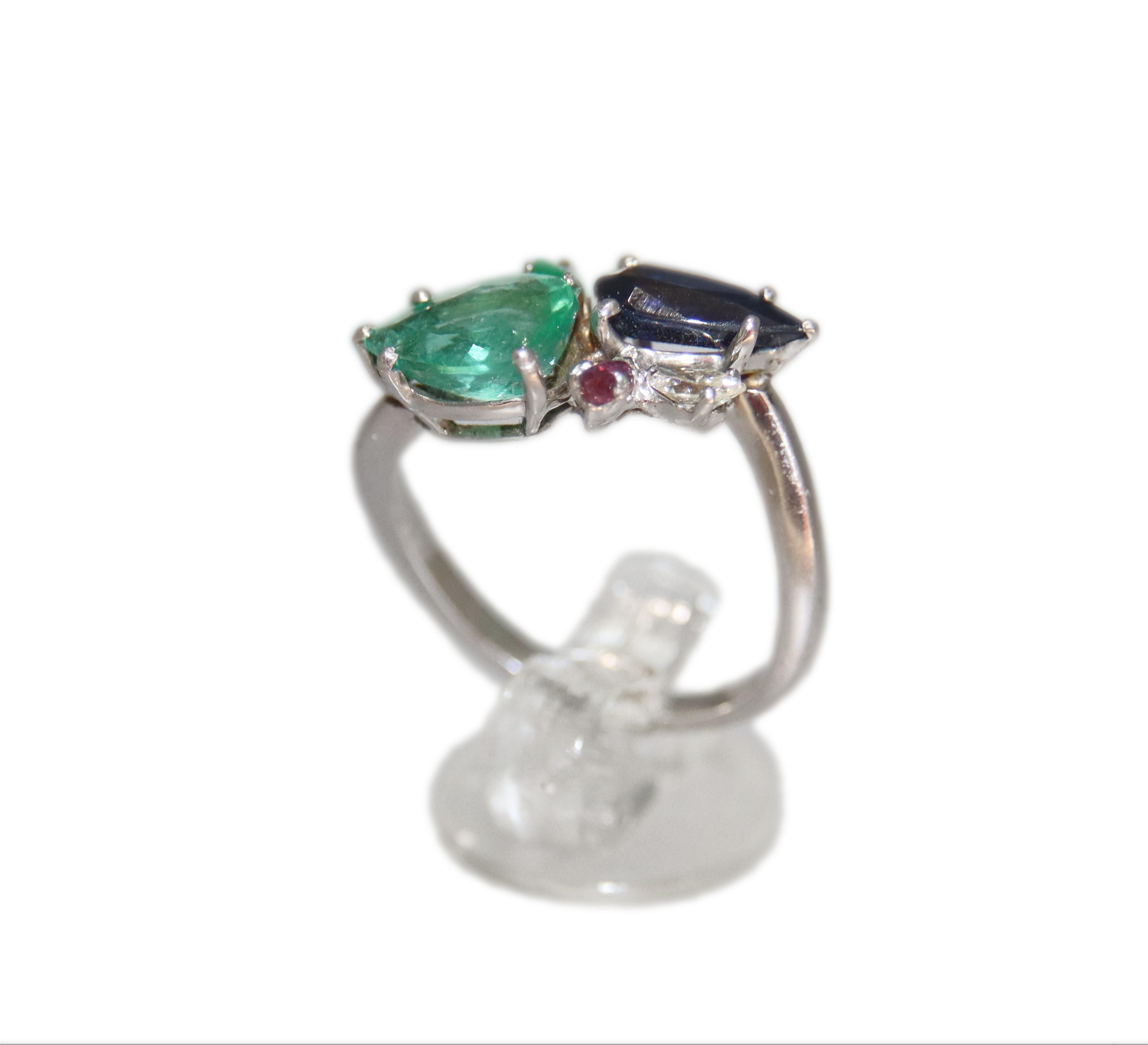 Handcraft Diamonds Platinum Emerald Sapphire Drops Cocktail Ring For Sale 5