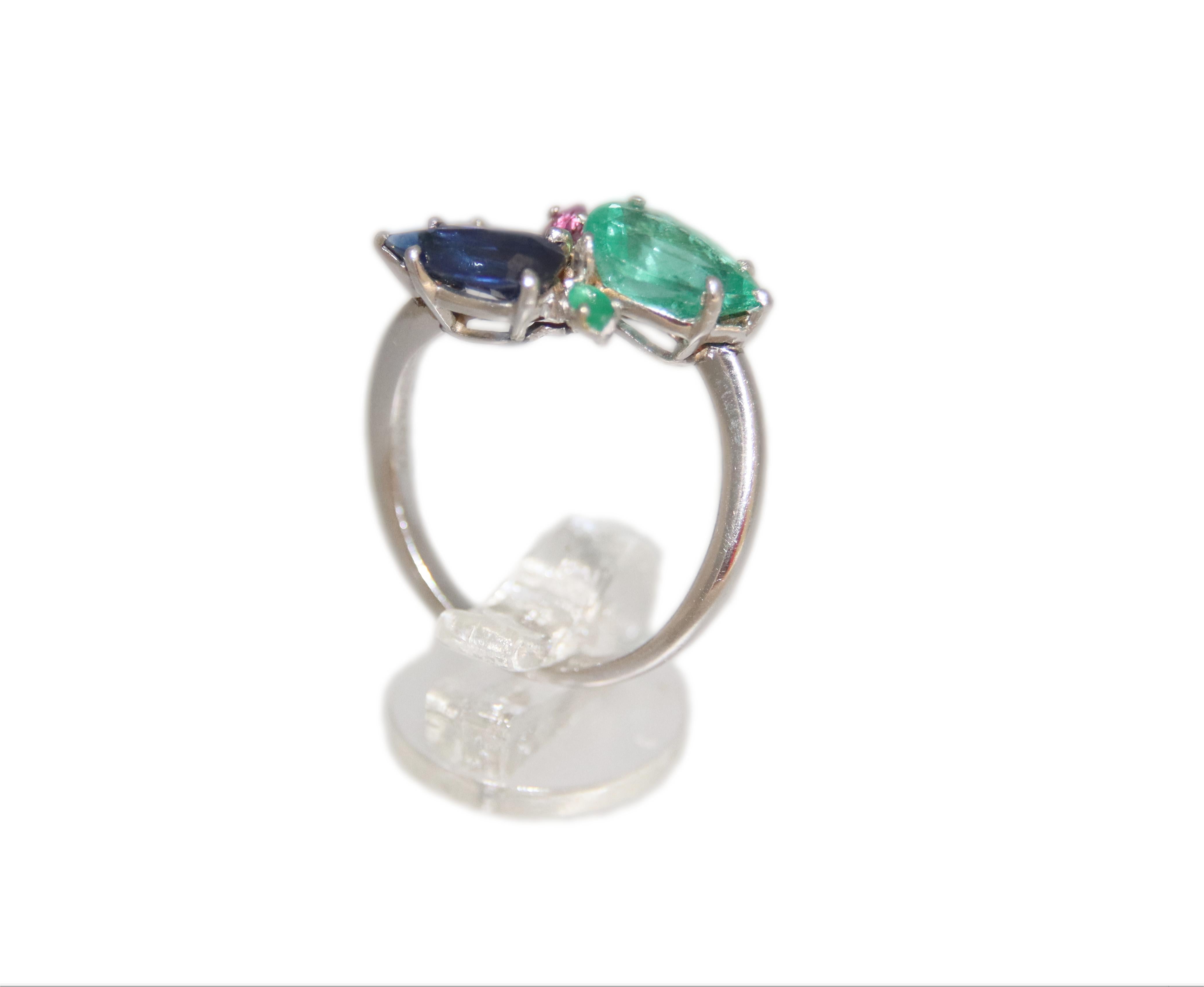 Handcraft Diamonds Platinum Emerald Sapphire Drops Cocktail Ring For Sale 6