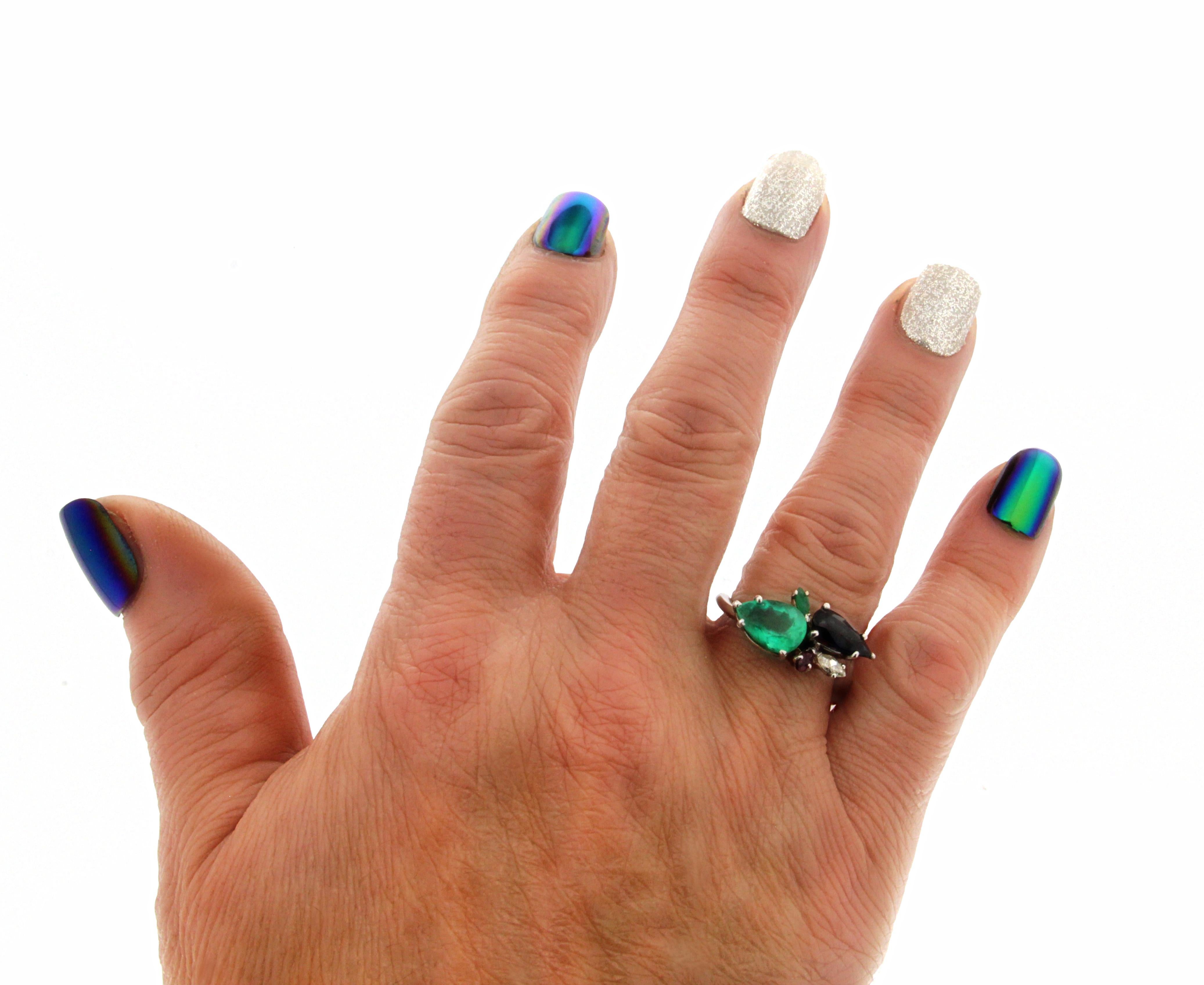 Handcraft Diamanten Platin Smaragd Saphir Tropfen Cocktail Ring im Angebot 7