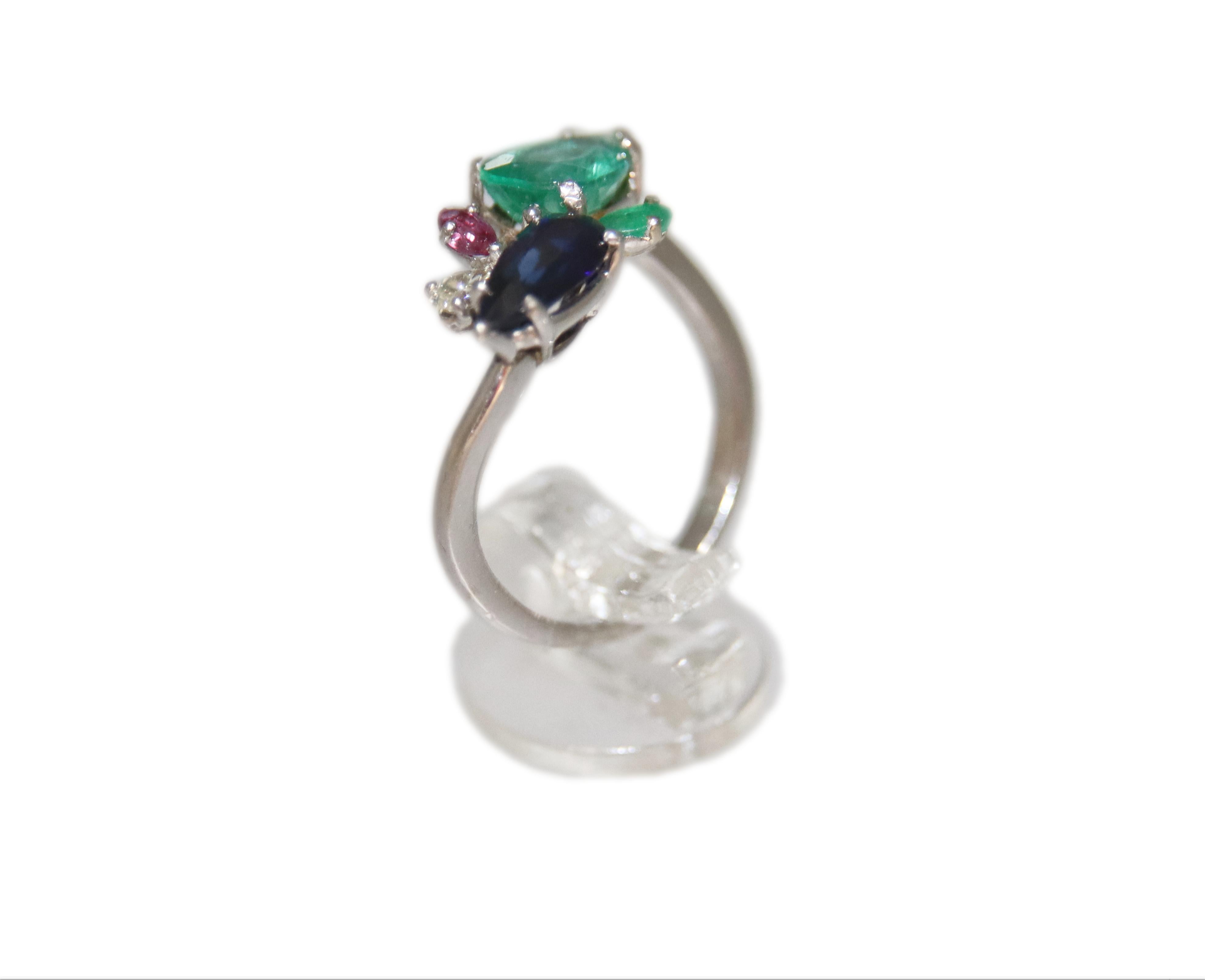 Handcraft Diamonds Platinum Emerald Sapphire Drops Cocktail Ring For Sale 7