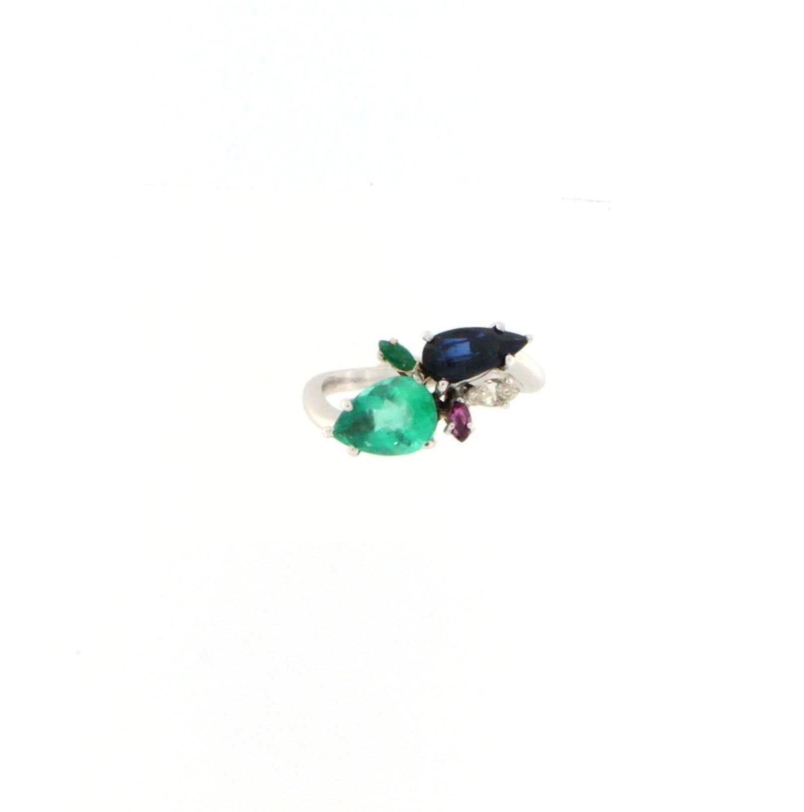 Artisan Handcraft Diamonds Platinum Emerald Sapphire Drops Cocktail Ring For Sale